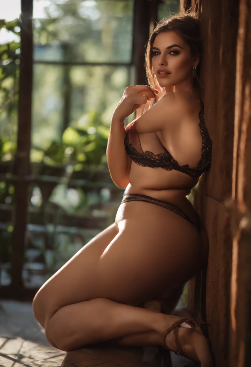 Stunning European girl, sexy, busty, thicc, sex addict , nsfw, hungry for sex, seductive, low cut top, daylight, short shorts
