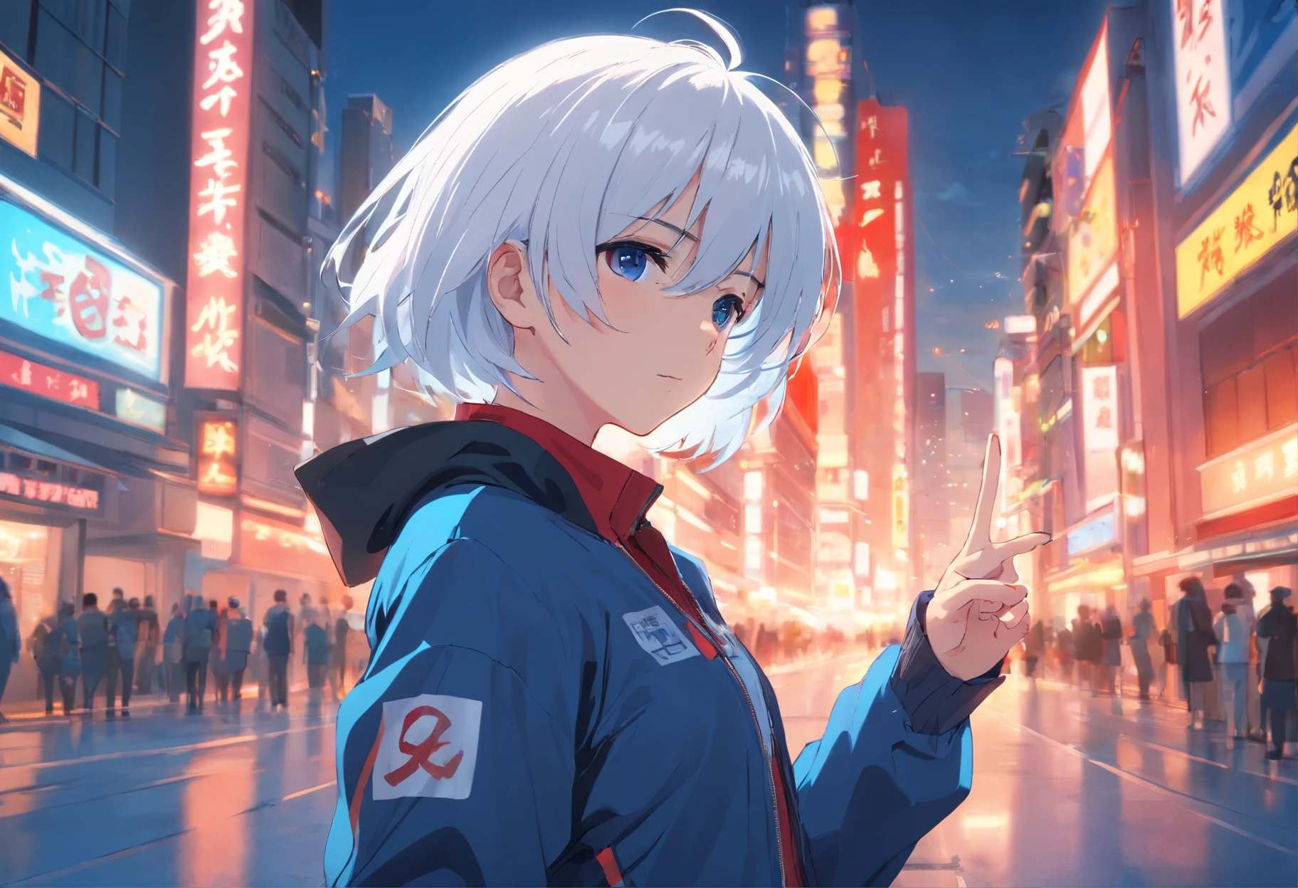 Girl, White Hair, Black Blindfold blue zip-zip jacket with high collar, ultra-detailed, HDR, extending two fingers out with red orb, gojo