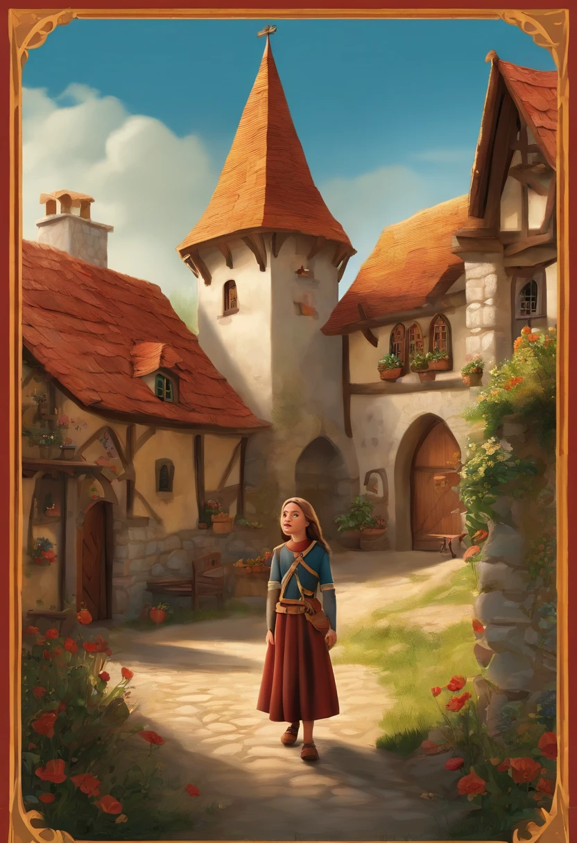 a sunny illustration of a medieval children's movie village, com uma menina, Ester e Tania, vindo da escola, com uniforme escolar e mochila