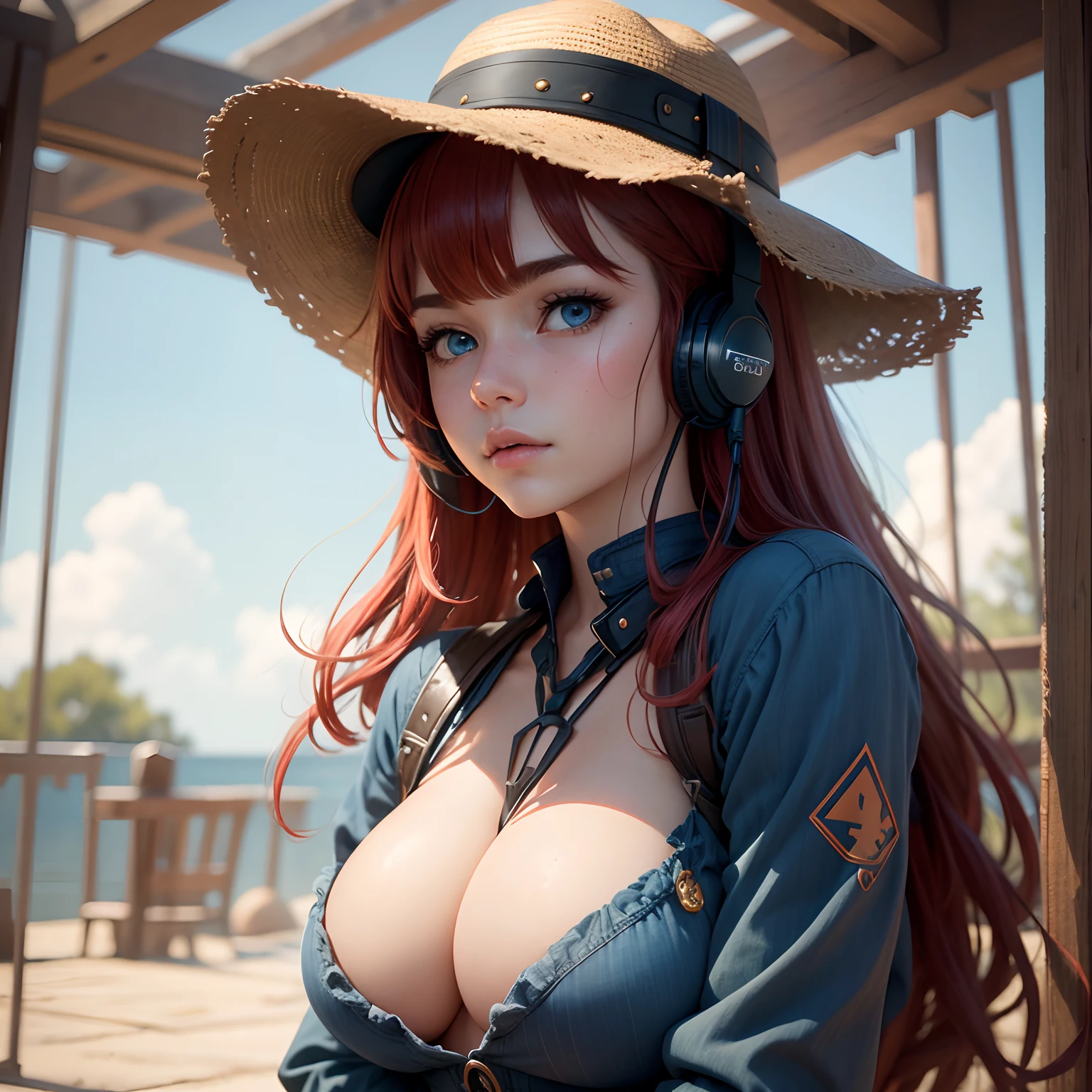 8k, masterpiece, best quality, realistic, higly detailed, cowboy shot, 1girl, solo, miku, emotionless looking girl, medium-length red hair, strands of hair hanging over the right side of her face, a set of wireless headphones that have a triangle-shaped logo on the ear cups around her neck, dark blue eyes, average height, well-endowed figure, large breasts, bangs cover her right eye, Easter