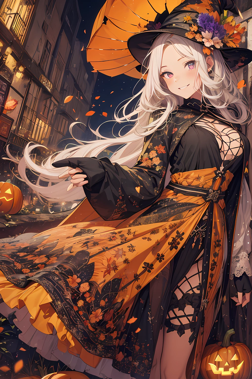 absurdres, highres, ultra detailed, (1girl:1.3) , Halloween witch, ((lovely smile)),wizard robes, wizard hat, Jack o'lantern, night, moon lighting,
BREAK, Halloween atmosphere,(half body image:1.5),
, kaleidoscopic imagery, symmetrical patterns, vibrant colors, geometric shapes, mesmerizing designs, optical illusions, dynamic composition
BREAK
, pantomime art, expressive body language, silent storytelling, evocative gestures, visual narratives, theatrical performances
BREAK
, blooming pumpkins, colorful petals, fragrant scents, nature's bounty, vibrant gardens, peaceful scenery,(wide angle:1.5)