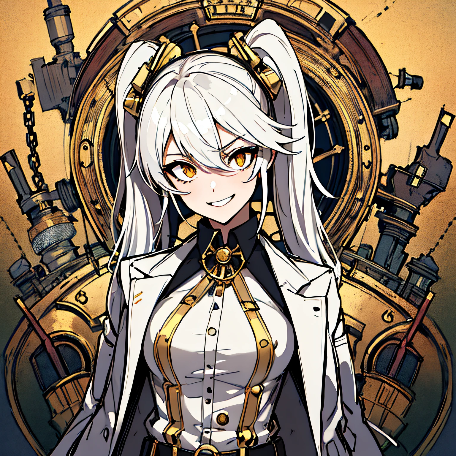 (absurdres, 8k, 4k, masterpiece, hyper extreme detailed:1.2), solo, 1girl, front view, perfect face, 1girl, portrait, expressive eyes, solo, standing, Female, girl with goggles and a chain around her neck, cyber goggles, victorian goggles, round goggles, goggles, cyberpunk monocle!, goggle eyes, steampunk googles, steampunk goggles, wearing victorian brass goggles, weak, female, small breasts, pale, cream colored hair, long hair, gold eyes, swept bangs, slim, slender, intelligent, genius, mad scientist, twin tails, Inventor, confident, perfect anatomy, futuristic, fingerless gloves, chest harness, pervert, half body, lab coat, belts, crazy face, crazy eyes, crazy smile, 1girl, futuristic, labcoat, white hair, mature, adult, attractive, skirt, hologram, monocle, wide smile, jovial, poofy twin tails, big hair, railgun, inventions,