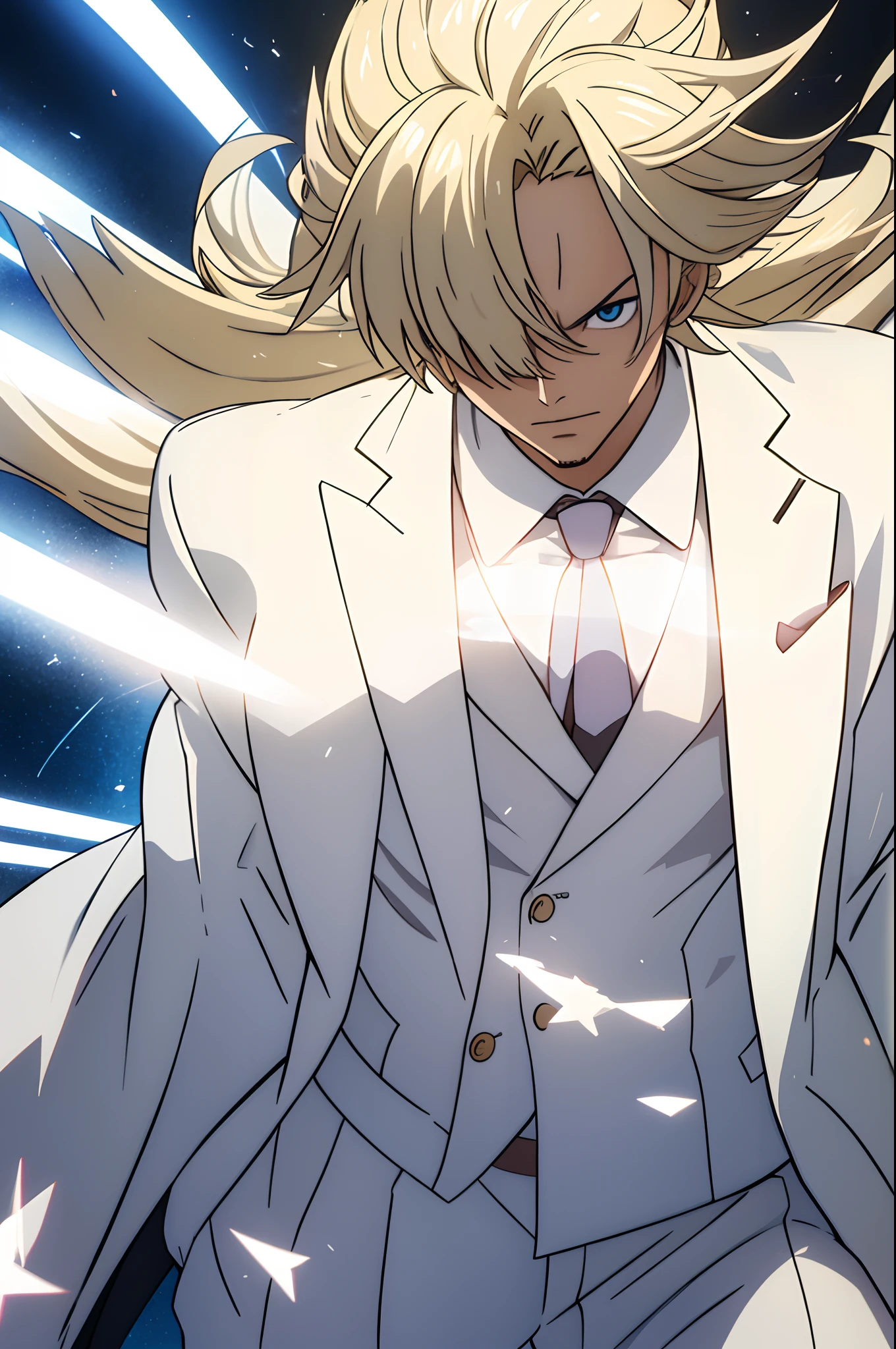 a guy, wearing a white suit, with long blond hairs, shining aura, thunder background