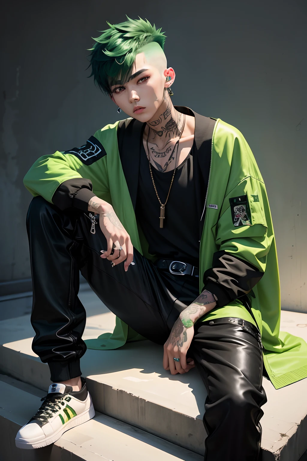 Kpop teen age boy with fade cut green hair, cute face, irresistible,sit pose, poser, serious face, full half body show, tattoos, wears cool black mixed green open jacket with long big sized shirt, long black pants with belt, paint background