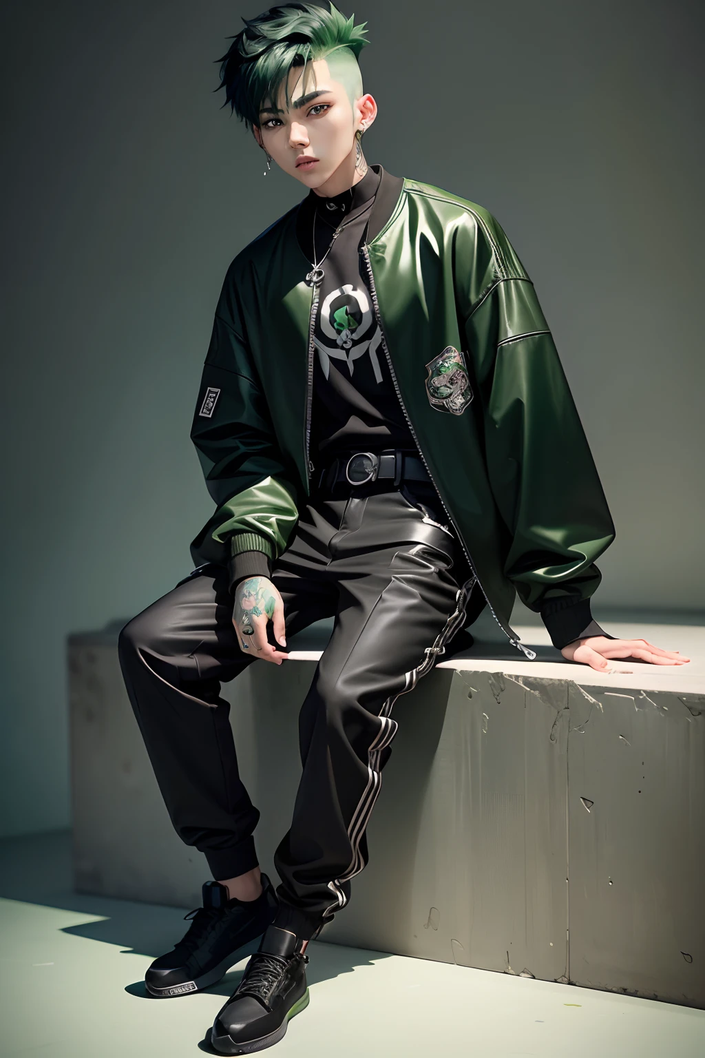Kpop teen age boy with fade cut green hair, cute face, irresistible,sit pose, poser, serious face, full half body show, tattoos, wears cool black mixed green open jacket with long big sized shirt, long black pants with belt, paint background