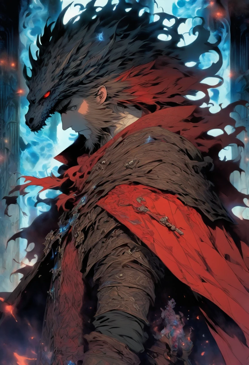 red-short-haired man, with one blue eye and the other eye closed with a scar, he has faded beard, he wears a long red jacket, like a Bloodborne hunter, on his back he carries a greatsword, he has a prosthetic left arm like Guts, He is facing creatures of the night like a vampire hunter, 80s anime still, retro fashion, dungeon and dragons character dark fantasy digital art muted pastel colors, muted retro colors, CRT tv display by Tsukasa Hojo and Toshihiro Kawamoto -