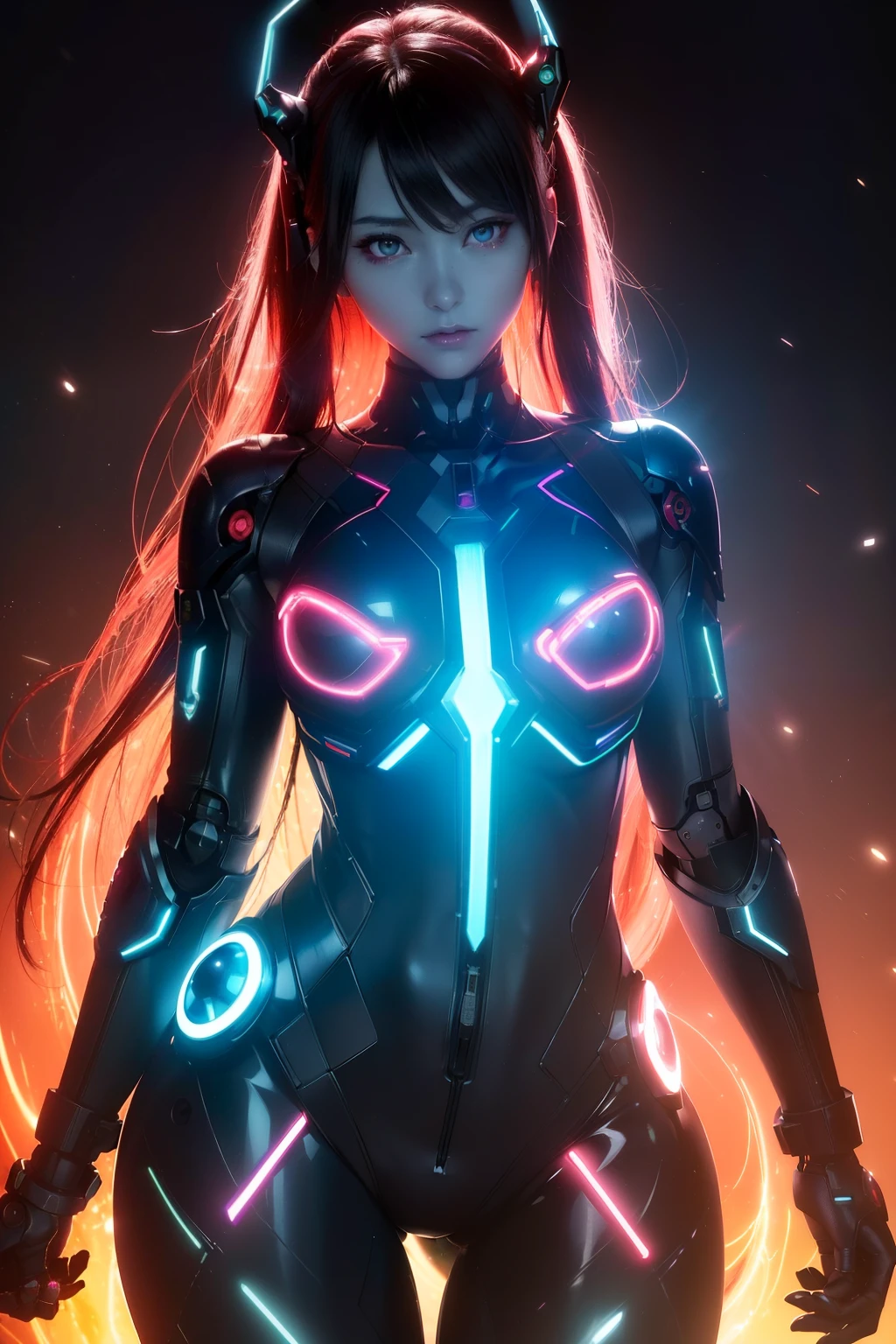 Asuka-Evangelion realistic and intricate perfect beauty face, detailed & asymmetric perfect sharp galaxy glowing eyes, detailed face, (((from face to the waist))), (((beauty shape))), ((in realistic neon-lit sci-fi plugsuit metal mech parts and robotic tentacles with neon-lit lights)), masterpiece, 4k, UHD, fighting against a realistic and intricate mech dragon
