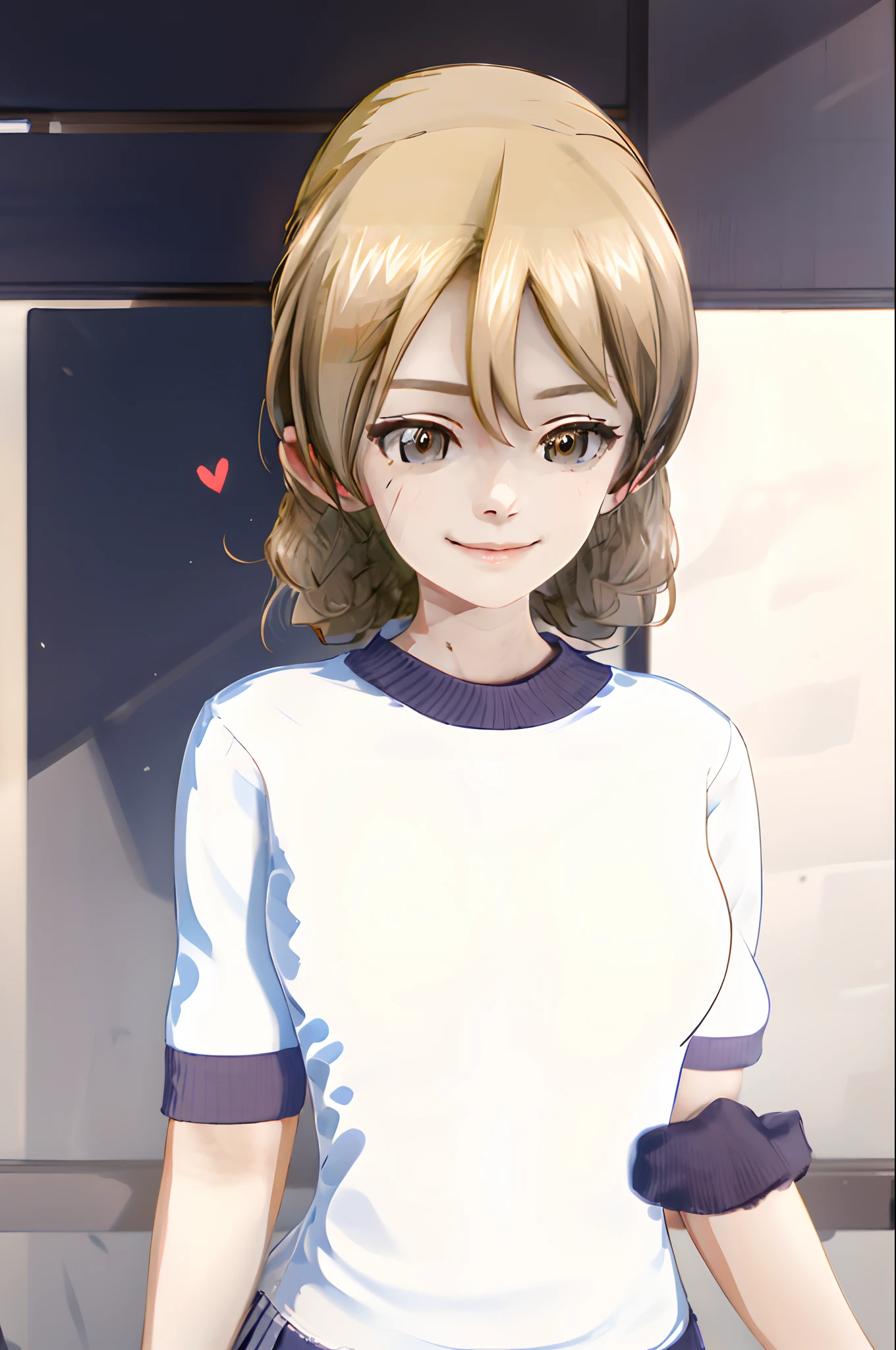Ichige style, 1girl in, Solo, Brown hair, heart mark, Hair Ornament, School uniform, Side Ponytail, Smile, Looking at Viewer, neckerchief, Upper body, Heart Hair Ornament, Cardigan, Sailor collar, serafuku, black sailor collar, Bangs, Yellow eyes, Closed mouth, Long hair, Brown eyes, Purple Neckerchief, striped background, 鎖骨, Striped, polka dot, Star (symbol)