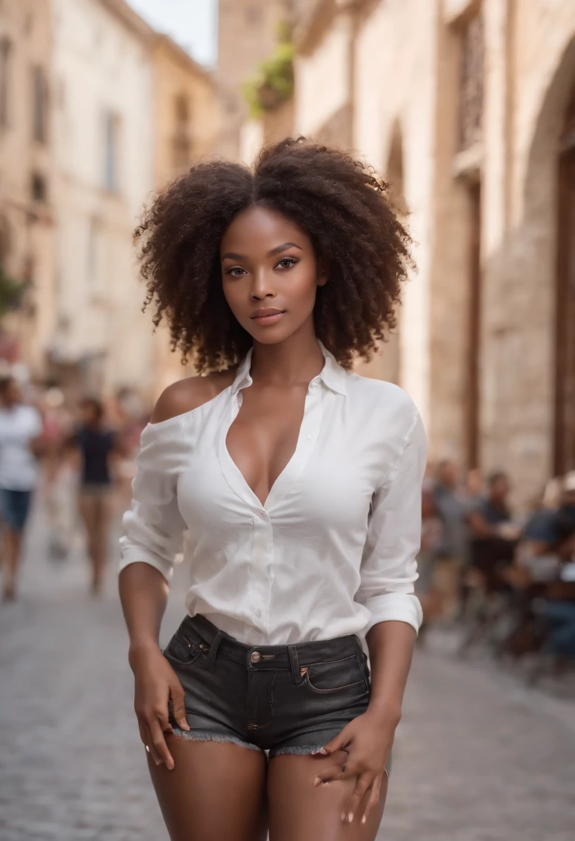 ((Dark African skin, Very deep ebony skin)), ((Its beauty is undeniable)), ((cute excited face)), ((Hyper detailed perfect eyes,)), ((pose mignonne)), ((Langue sortie)), ((Attirant )), sexy, (( Tight knit shirt, shorts courts sexy)), ((Afro curly African hair afro ponytail afro,)), (( peau)), ((debout, vue de face)), ((toucher ses propres jambes dans une pose sexy)), ((dehors, Ville publique)), CGI ciblé, Fotorrealista, High detail, Realstic, Master part, Absurde, Best quality, Hdr, highly quality, high-definition, extremly detailed, 8k wallpaper, intricate high detail, 8K UHD, Full-HD, (photo realist:1.2), contraste, intense illumination, lighting cinematic, natural lighting, hard light, contre-jour, Illumination globale, occlusion ambiante