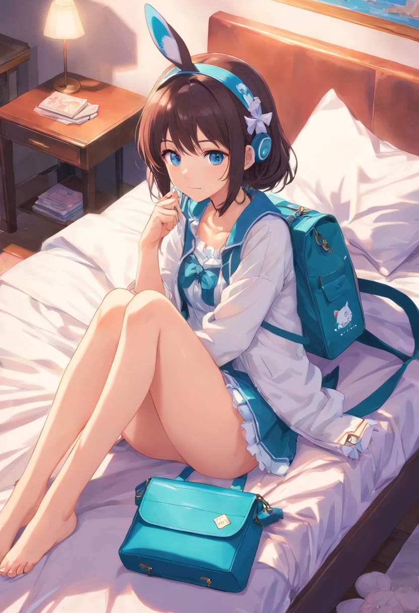 cana,Falda ta,Duerme tranquilo en la cama ,mujer desnuda , Chaqueta abierta Techwear blanca , Pelo largo blanco, Ocean blue eyes, Rabbit design bag , Auriculares en el cuello