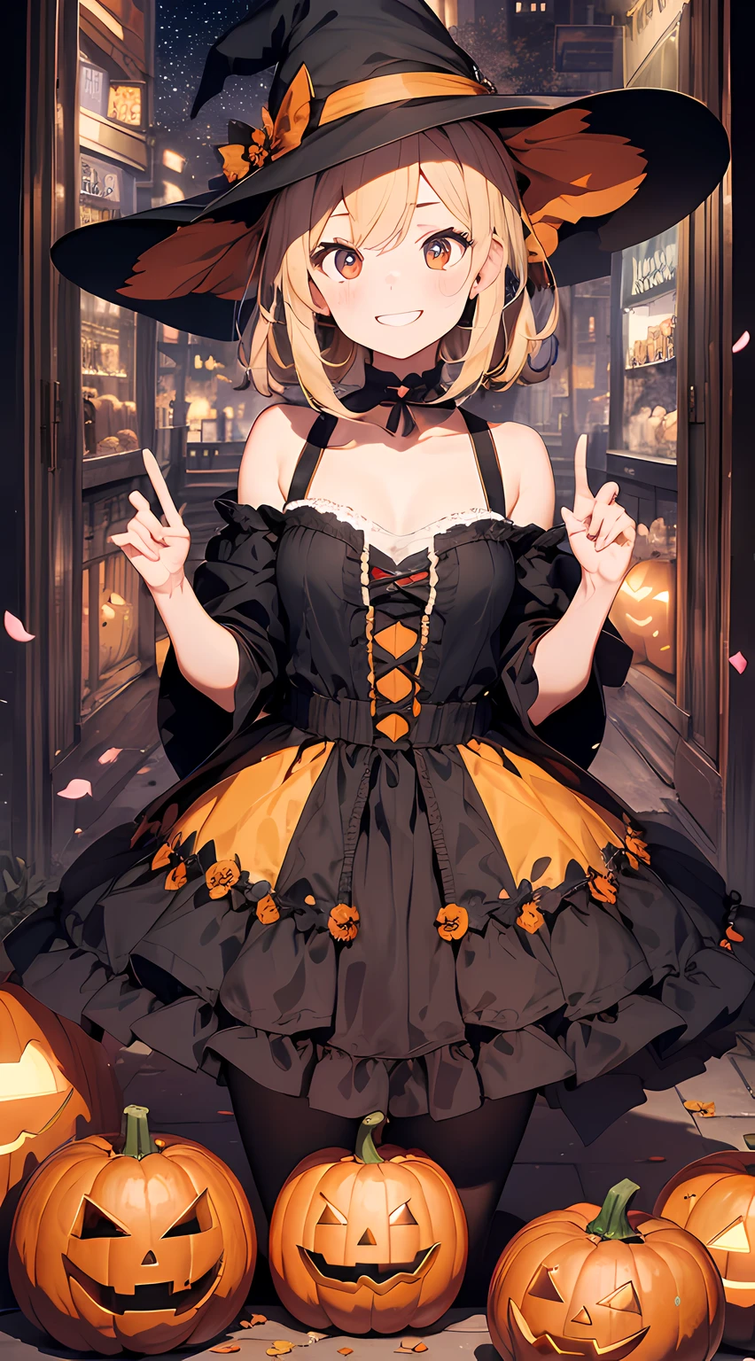 See-through maid costume, Halloween costume, Data Fashion, Halloween, Night view, pumpkin、zombie(Grave)), Inner hair color, Golden Hair, bangs, Ahoge, short hair, French Braid, Hair that falls over the shoulders, Shiny Hair, Wizard&#39;s Hat, Witch Hat, Glowing Eyes, Sparkling eyes, Big eyes, Amber Eyes,  smile, tooth, Red lips, realism, Anime Style, Cinema Lighting, Depth of written boundary, Backlight, Optical illusion, silhouette, masterpiece, high quality