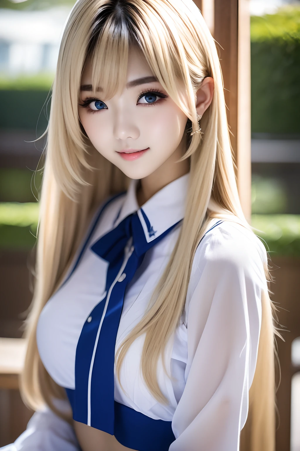 Single girl, school uniform, blue sky, bright and very beautiful face, young and shiny white shiny skin, best good looks, blonde hair with dazzling reflection of light, beautiful platinum blonde super long silky straight hair shiny shiny, long bangs, tremendously beautiful ************, big eyes that shine transparent light blue, beautiful wonderful beautiful girl