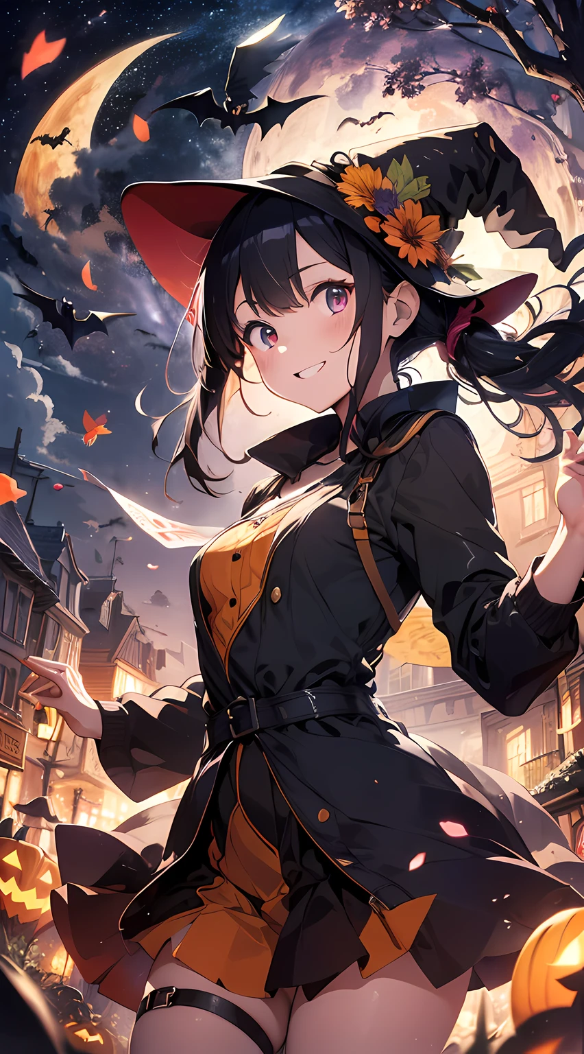 absurdres, highres, ultra detailed, (1girl:1.3) , Halloween witch, ((lovely smile)),wizard robes, wizard hat, Jack o'lantern, night, moon lighting,
BREAK, Halloween atmosphere,(half body image:1.5),
 , kaleidoscopic imagery, symmetrical patterns, vibrant colors, geometric shapes, mesmerizing designs, optical illusions, dynamic composition
BREAK
, pantomime art, expressive body language, silent storytelling, evocative gestures, visual narratives, theatrical performances
BREAK
, blooming pumpkins, colorful petals, fragrant scents, nature's bounty, vibrant gardens, peaceful scenery,(wide angle:1.5)