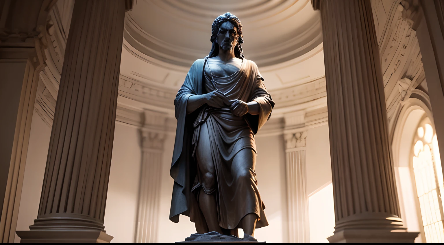 Stoic statue, with an expression of anger, usando manto e tunica longo sobre todo o corpo, Noite escura, ao ceu aberto, 35 mm, lateralmente, Filmado em Sony A7S III com Sony FE 35mm f/1.8, 12.1 MP, --AR 3:2 --estilo cru