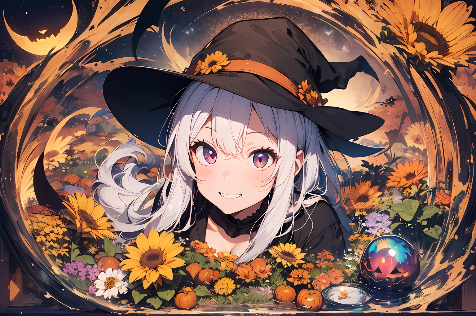 absurdres, highres, ultra detailed, (1girl:1.3) , Halloween witch, ((lovely smile)),wizard robes, wizard hat, Jack o'lantern, night, moon lighting,
BREAK, Halloween atmosphere,(half body image:1.5),
 , kaleidoscopic imagery, symmetrical patterns, vibrant colors, geometric shapes, mesmerizing designs, optical illusions, dynamic composition
BREAK
, pantomime art, expressive body language, silent storytelling, evocative gestures, visual narratives, theatrical performances
BREAK
, blooming pumpkins, colorful petals, fragrant scents, nature's bounty, vibrant gardens, peaceful scenery,(wide angle:1.5)
