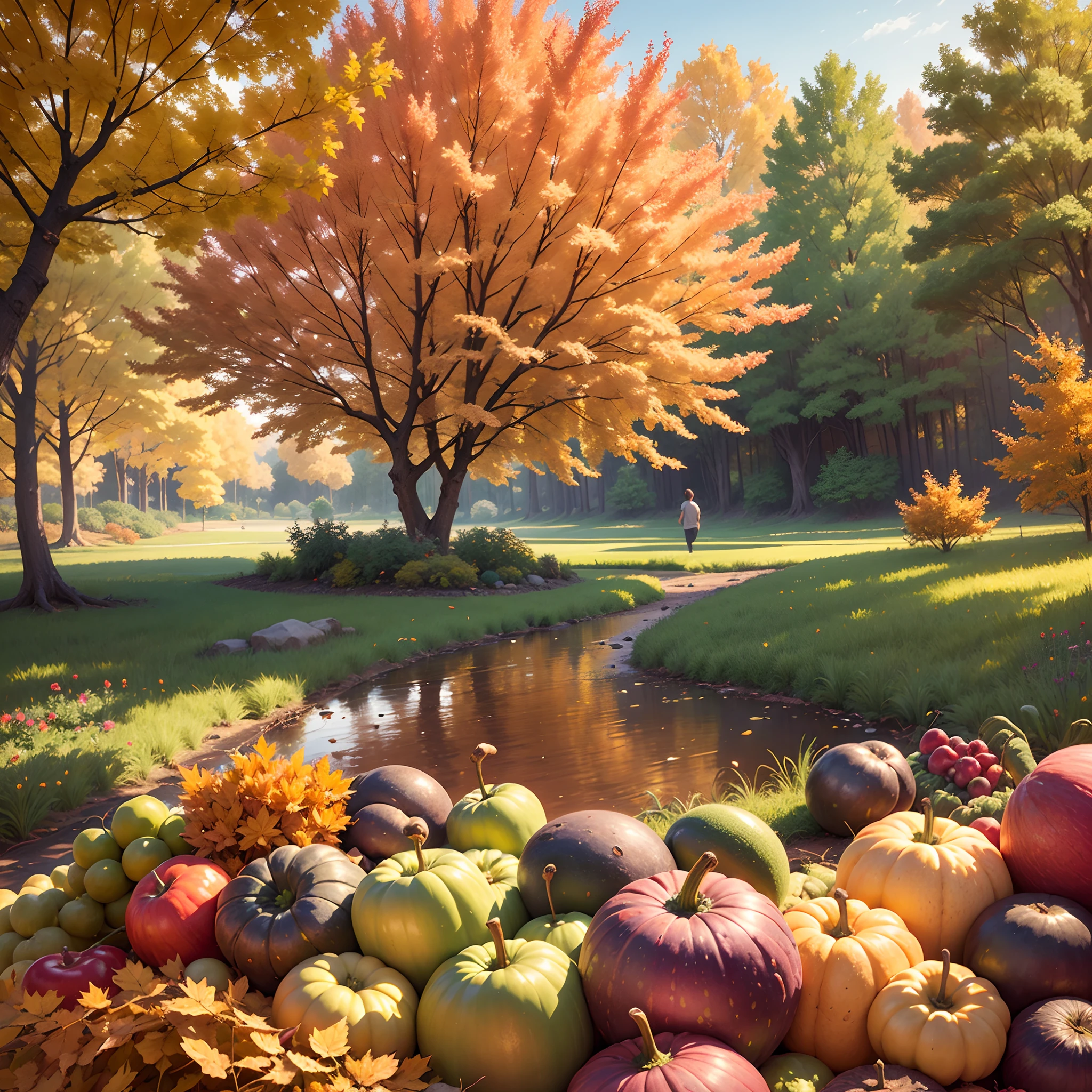 a rich autumn landscape with fruits and vegetables falling from the trees, a paradisiacal place in the photo --auto --s2
