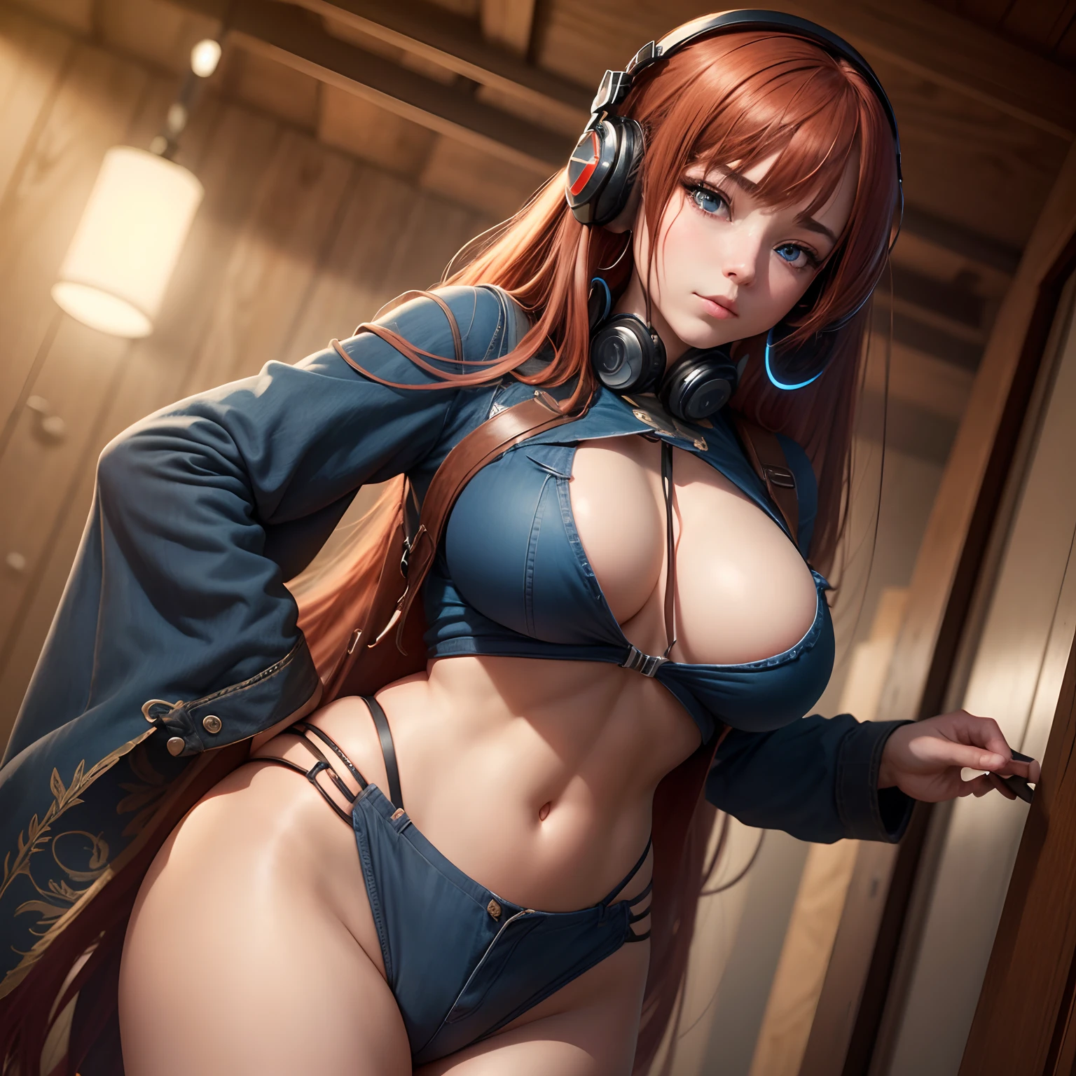 8k, masterpiece, best quality, realistic, higly detailed, cowboy shot, 1girl, solo, miku, emotionless looking girl, medium-length red hair, strands of hair hanging over the right side of her face, a set of wireless headphones that have a triangle-shaped logo on the ear cups around her neck, dark blue eyes, average height, well-endowed figure, large breasts, bangs cover her right eye, Farwest