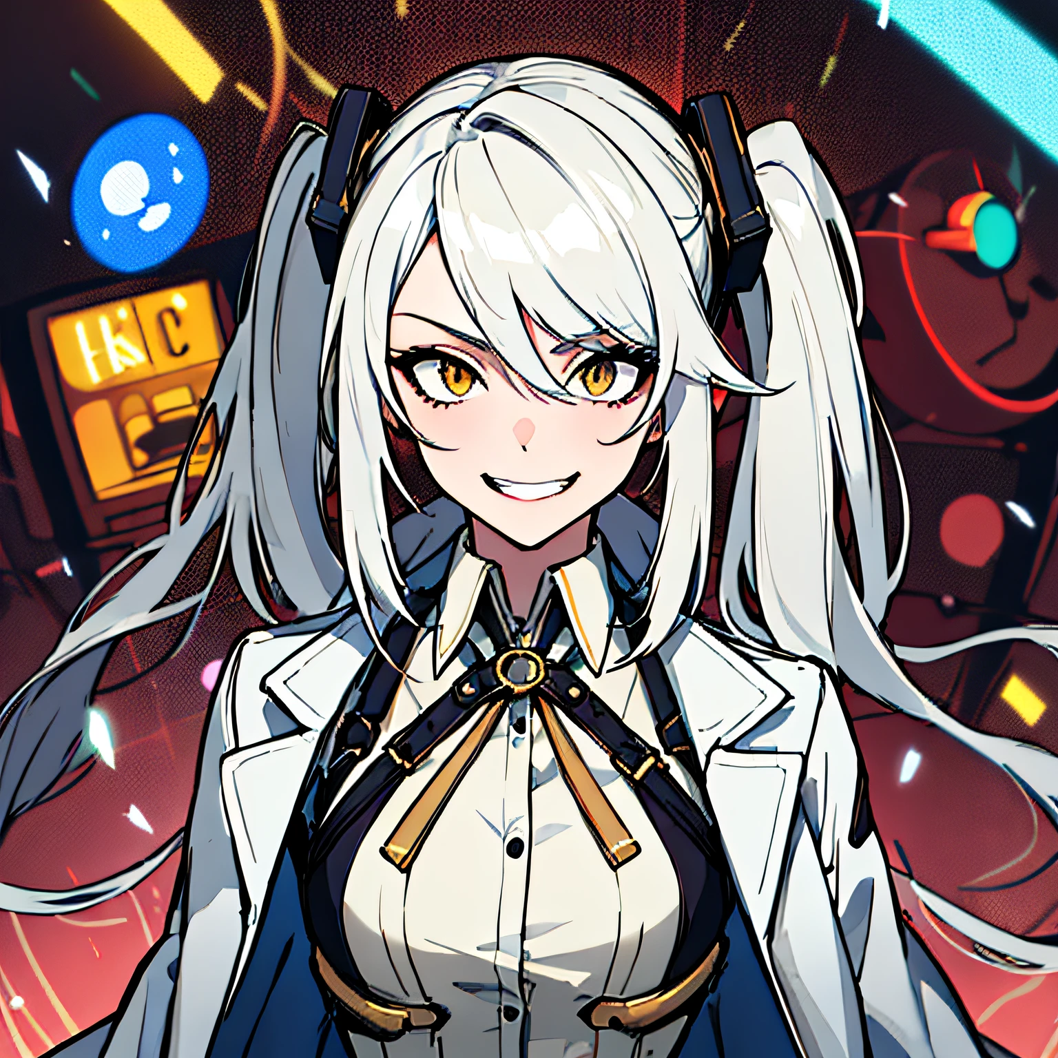 (absurdres, 8k, 4k, masterpiece, hyper extreme detailed:1.2), solo, 1girl, front view, perfect face, 1girl, portrait, expressive eyes, solo, standing, Female, girl with goggles and a chain around her neck, cyber goggles, victorian goggles, round goggles, goggles, cyberpunk monocle!, goggle eyes, steampunk googles, steampunk goggles, wearing victorian brass goggles, weak, female, small breasts, pale, cream colored hair, long hair, gold eyes, swept bangs, slim, slender, intelligent, genius, mad scientist, twin tails, Inventor, confident, perfect anatomy, futuristic, fingerless gloves, chest harness, pervert, half body, lab coat, belts, crazy face, crazy eyes, crazy smile, 1girl, futuristic, labcoat, white hair, mature, adult, attractive, skirt, hologram, monocle, wide smile, jovial, poofy twin tails, big hair, railgun, inventions,