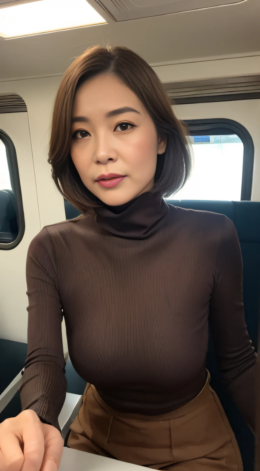 ((Realistic lighting、top-quality、8K、masterpiece:1.3))、Clear focus:1.2、((A MILF、50 years old、Wrinkles at the corners of the eyes):1.4)、Beautiful woman with perfect body shape:1.4、Highly detailed facial and skin texture、hyperdetailed face、Detailed lips、A detailed eye、二重まぶた、Brown hair、eye line、eyeshadows、Fancy makeup、Tight clothes、(turtleneck shirt、a miniskirt:1.4)、(huge-breasted:1.2)、cleavage of the breast、Sitting on a chair、On the train、legs crossed