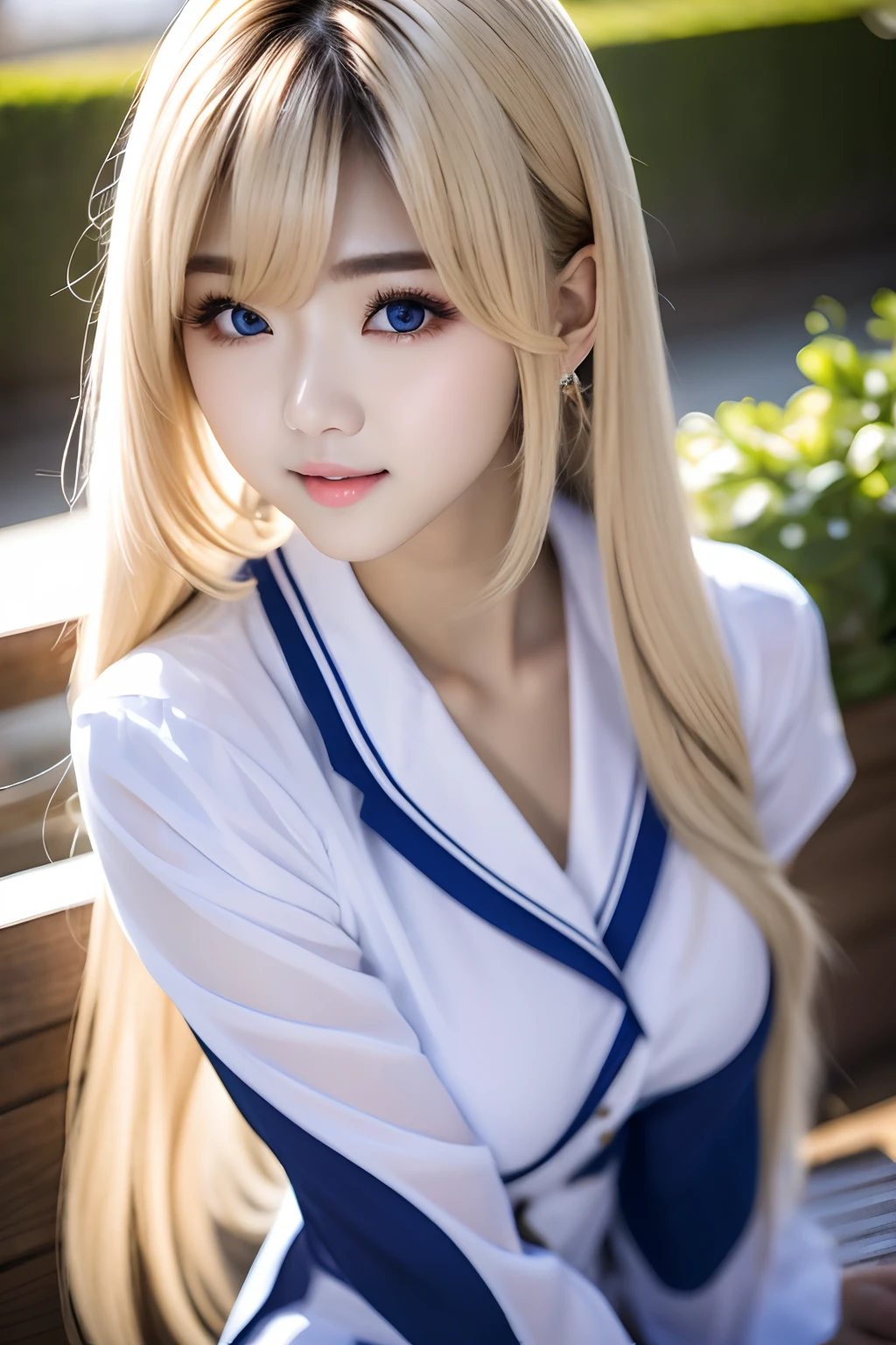 Single girl, school uniform, blue sky, bright and very beautiful face, young and shiny white shiny skin, best good looks, blonde hair with dazzling reflection of light, beautiful platinum blonde super long silky straight hair shiny shiny, long bangs, tremendously beautiful ************, big eyes that shine transparent light blue, beautiful wonderful beautiful girl