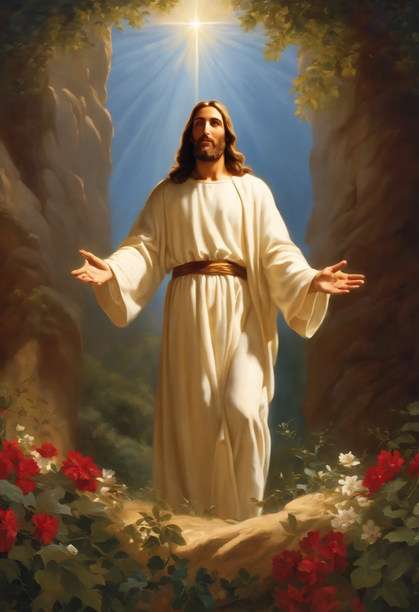 Create an epic and majestic scene of Jesus Christ hovering in heaven with open arms in a redemptive gesture. He's wearing a white tunic with gold accents that flutters dramatically. Jesus has a bright golden aura around him and his gaze is serene and benevolent. Below it is a mountainous landscape, com um vilarejo pequeno situado entre as montanhas. The sky in the background is in a vibrant shade of blue, com algumas nuvens brancas. Rays of light seem to emanate from Jesus' outstretched hands toward the earth. Depict every detail of the scene with maximum clarity, dramaticidade e sentido de movimento, conveying the feeling of a divine and saving moment. The focus is on the figure of Jesus hovering majestically over the earth, radiating hope and redemption.