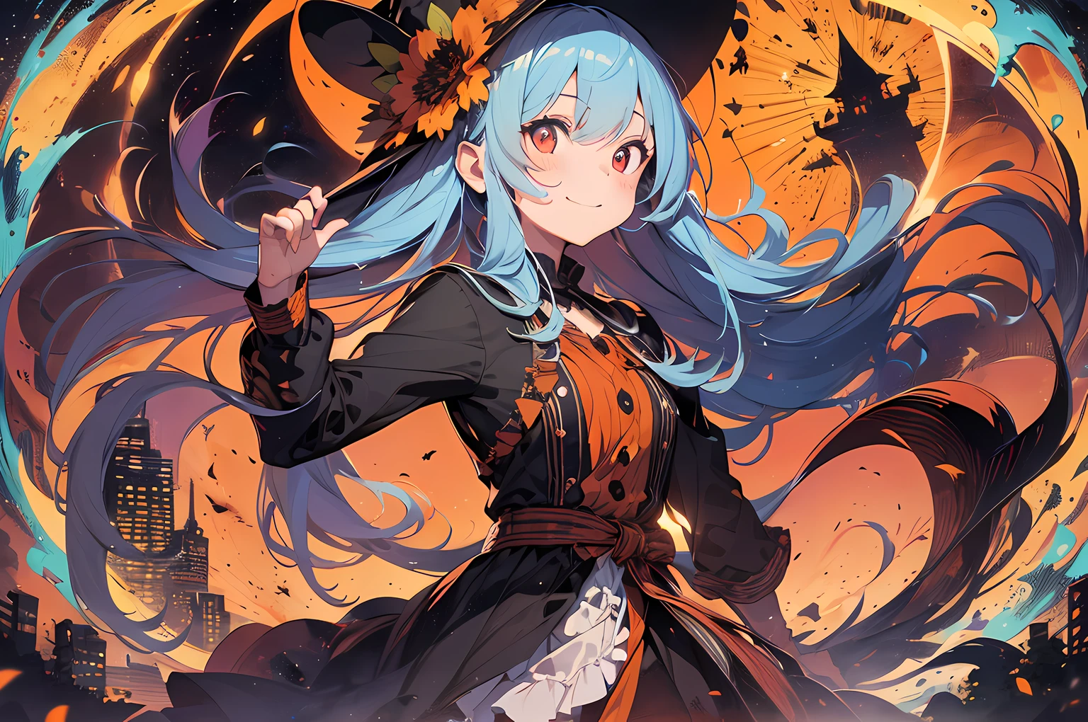 absurdres, highres, ultra detailed, (1girl:1.3) , Halloween witch, ((lovely smile)),wizard robes, wizard hat, Jack o'lantern, night, moon lighting,
BREAK, Halloween atmosphere,(half body image:1.5),
, kaleidoscopic imagery, symmetrical patterns, vibrant colors, geometric shapes, mesmerizing designs, optical illusions, dynamic composition
BREAK
, pantomime art, expressive body language, silent storytelling, evocative gestures, visual narratives, theatrical performances
BREAK
, blooming pumpkins, colorful petals, fragrant scents, nature's bounty, vibrant gardens, peaceful scenery,(wide angle:1.5)