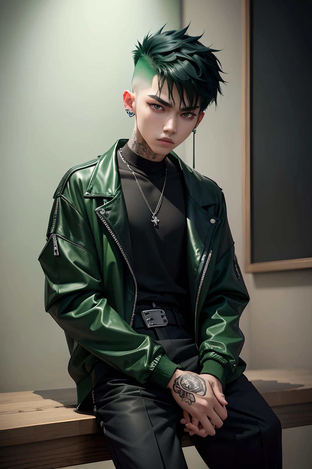 Kpop teen age boy with fade cut green hair, cute face, irresistible,sit pose, poser, serious face, full half body show, tattoos, wears cool black mixed green open jacket with long big sized shirt, long black pants with belt, paint backgrounds