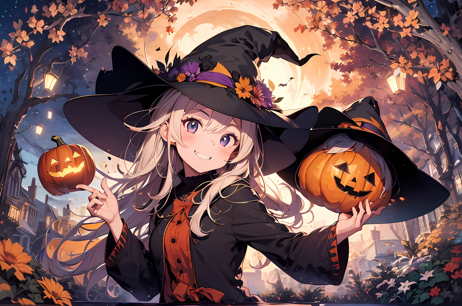 absurdres, highres, ultra detailed, (1girl:1.3) , Halloween witch, ((lovely smile)),wizard robes, wizard hat, Jack o'lantern, night, moon lighting,
BREAK, Halloween atmosphere,(half body image:1.5),
 , kaleidoscopic imagery, symmetrical patterns, vibrant colors, geometric shapes, mesmerizing designs, optical illusions, dynamic composition
BREAK
, pantomime art, expressive body language, silent storytelling, evocative gestures, visual narratives, theatrical performances
BREAK
, blooming pumpkins, colorful petals, fragrant scents, nature's bounty, vibrant gardens, peaceful scenery,(wide angle:1.5)