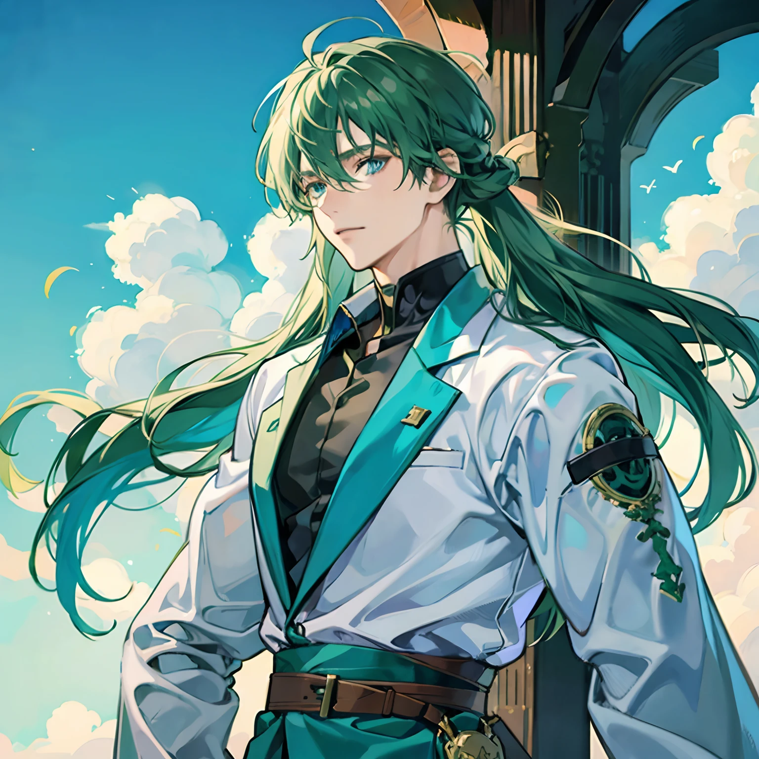 Green Hair, blue Eyes, long hair, anime, man, muscular,