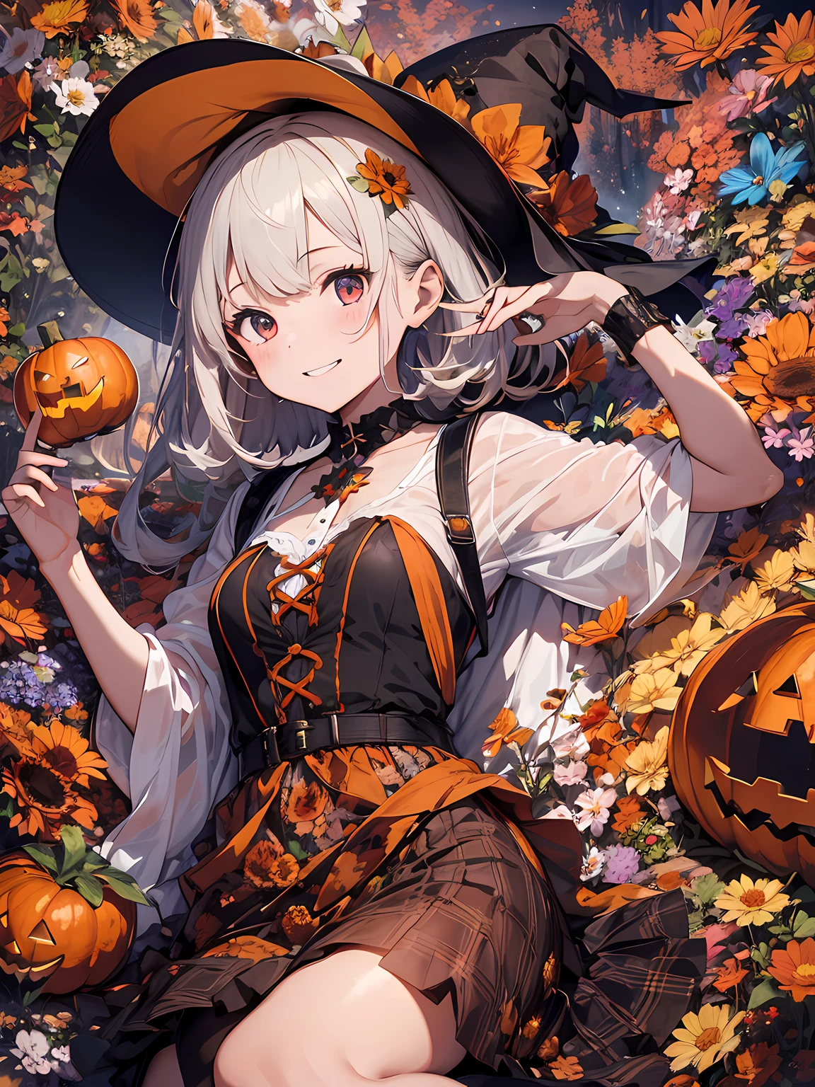 absurdres, highres, ultra detailed, (1girl:1.3) , Halloween witch, ((lovely smile)),wizard robes, wizard hat, Jack o'lantern, night, moon lighting,
BREAK, Halloween atmosphere,(half body image:1.5),
 , kaleidoscopic imagery, symmetrical patterns, vibrant colors, geometric shapes, mesmerizing designs, optical illusions, dynamic composition
BREAK
, pantomime art, expressive body language, silent storytelling, evocative gestures, visual narratives, theatrical performances
BREAK
, blooming pumpkins, colorful petals, fragrant scents, nature's bounty, vibrant gardens, peaceful scenery,(wide angle:1.5)