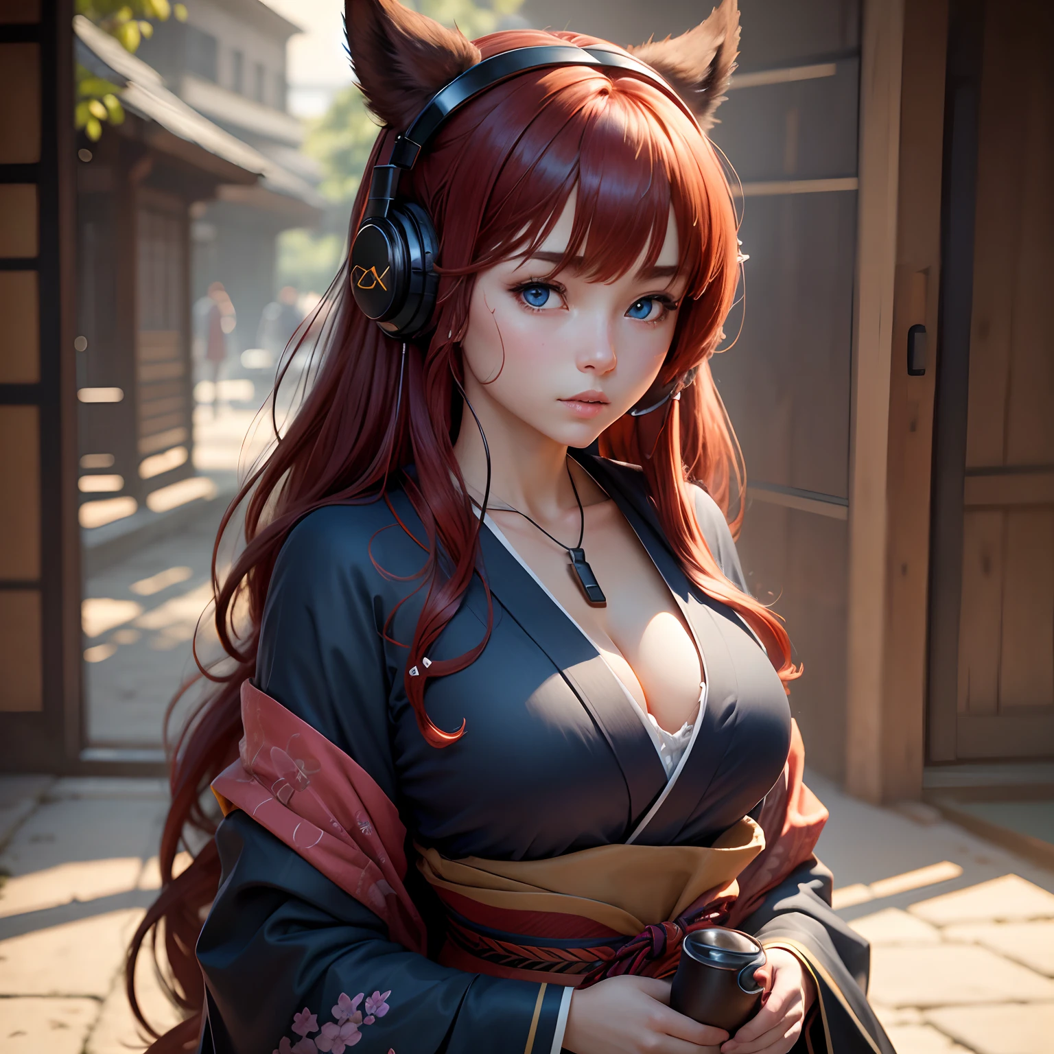 8k, masterpiece, best quality, realistic, higly detailed, cowboy shot, 1girl, solo, miku, emotionless looking girl, medium-length red hair, strands of hair hanging over the right side of her face, a set of wireless headphones that have a triangle-shaped logo on the ear cups around her neck, dark blue eyes, average height, well-endowed figure, large breasts, bangs cover her right eye, Kimono