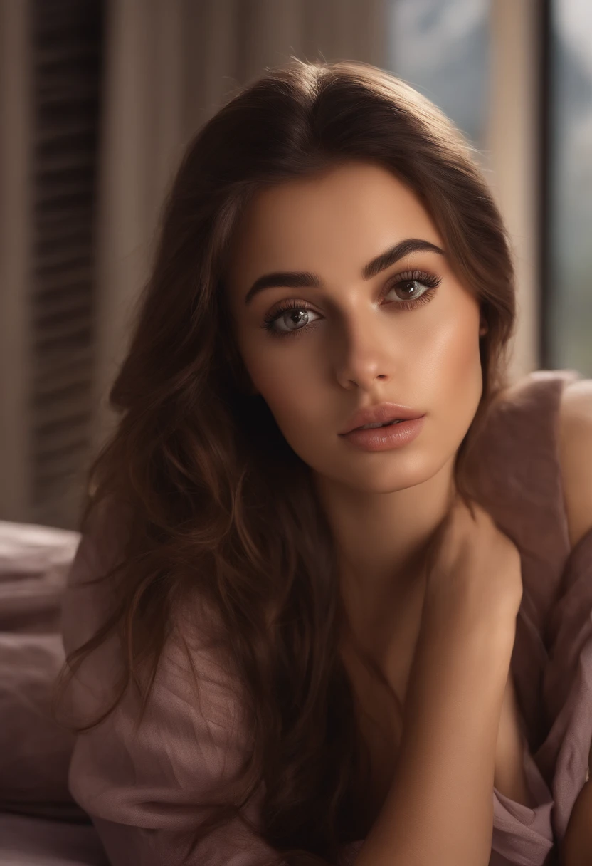 arafed woman fully arabic , sexy girl with brown eyes, ultra realistic, meticulously detailed, portrait sophie mudd, brown hair and large eyes, selfie of a young woman, bedroom eyes, violet myers, without makeup, natural makeup, looking directly at the camera, face with artgram, subtle makeup, stunning full body shot kneeling on bed, in bedroom, medium to large size bust