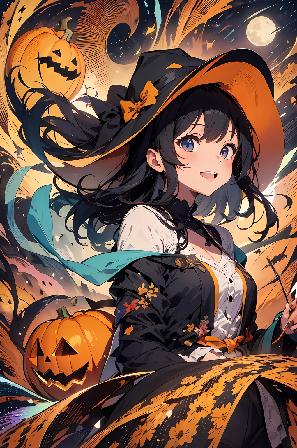 absurdres, highres, ultra detailed, (1girl:1.3) , Halloween witch, ((lovely smile)),wizard robes, wizard hat, Jack o'lantern, night, moon lighting,
BREAK, Halloween atmosphere,(half body image:1.5),
, kaleidoscopic imagery, symmetrical patterns, vibrant colors, geometric shapes, mesmerizing designs, optical illusions, dynamic composition
BREAK
, pantomime art, expressive body language, silent storytelling, evocative gestures, visual narratives, theatrical performances
BREAK
, blooming pumpkins, colorful petals, fragrant scents, nature's bounty, vibrant gardens, peaceful scenery,(wide angle:1.5)