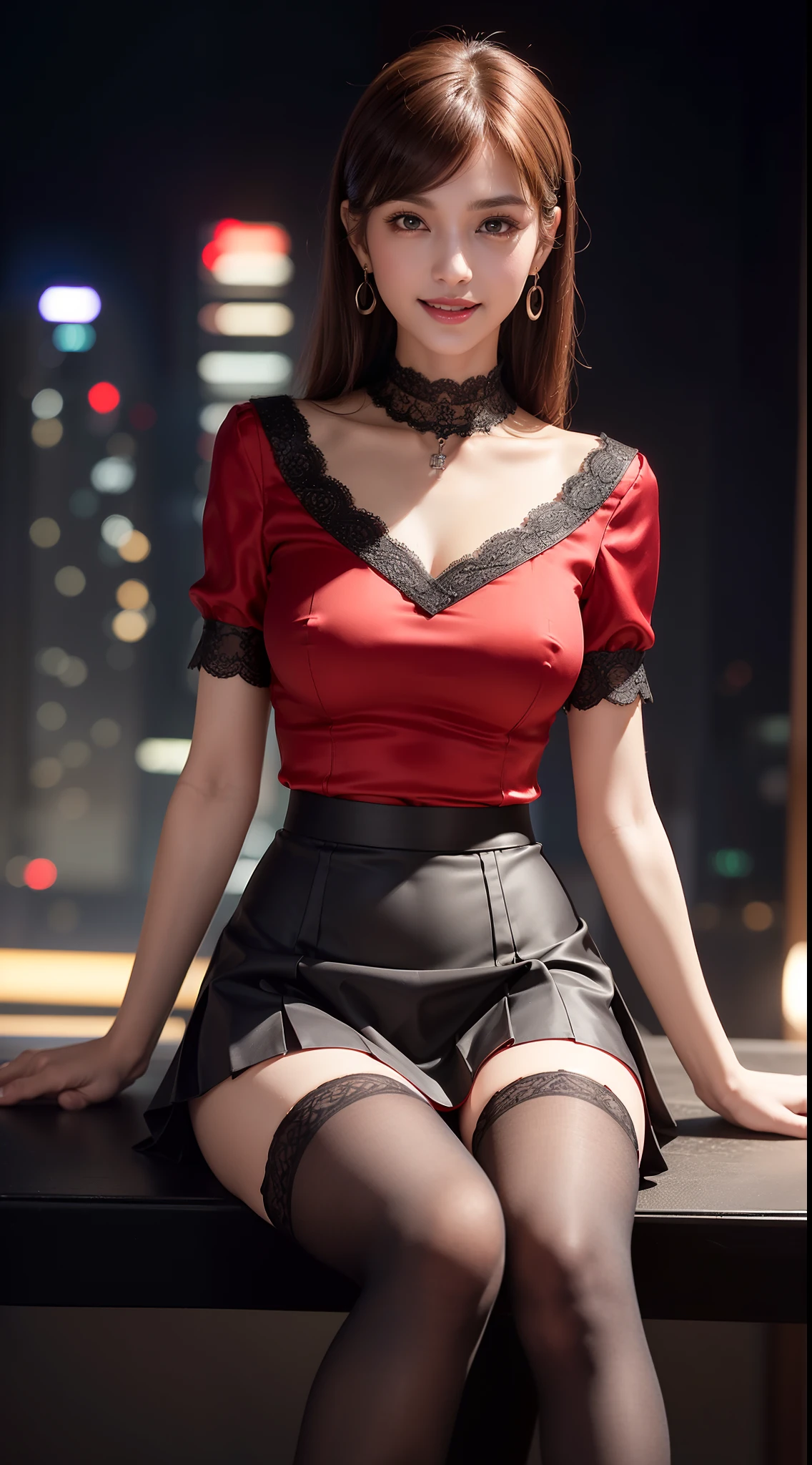 8k, masterpiece, RAW photo, best quality, photorealistic, extremely detailed CG unity 8k wallpaper, Depth of field, Cinematic Light, Lens Flare, Ray tracing, (extremely beautiful face, beautiful lips, beautiful eyes), intricate detail face, ((ultra detailed skin)) 1girl, in the dark, deep shadow, pretty Asian girl, idol, 1 girl, (very slim slender fit-muscled body:1.3), ((looking at viewer)),(big smile:1.3), (tight laced blouse), ((black red color blouse)), (laced short sleeve) , (city night, dark night, (blurred background), dim lights, cityscape, rooftops, beautiful earrings, bracelets, necklace, pantyhose, clear eyes, (pale skin), (big eyes), face forward, ((upper body shot)), ((silk red color skirt)),(brown hairs),((tight fitting skirt )), (looking at viewer:1.3), open breast, (very slim), medium breasts, (laced stockings ),((flooming laced blouse )), sitting, high heels, (cross thighs)