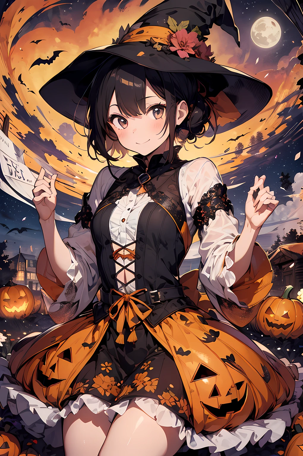 absurdres, highres, ultra detailed, (1girl:1.3) , Halloween witch, ((lovely smile)),wizard robes, wizard hat, Jack o'lantern, night, moon lighting,
BREAK, Halloween atmosphere,(half body image:1.5),
 , kaleidoscopic imagery, symmetrical patterns, vibrant colors, geometric shapes, mesmerizing designs, optical illusions, dynamic composition
BREAK
, pantomime art, expressive body language, silent storytelling, evocative gestures, visual narratives, theatrical performances
BREAK
, blooming pumpkins, colorful petals, fragrant scents, nature's bounty, vibrant gardens, peaceful scenery,(wide angle:1.5)