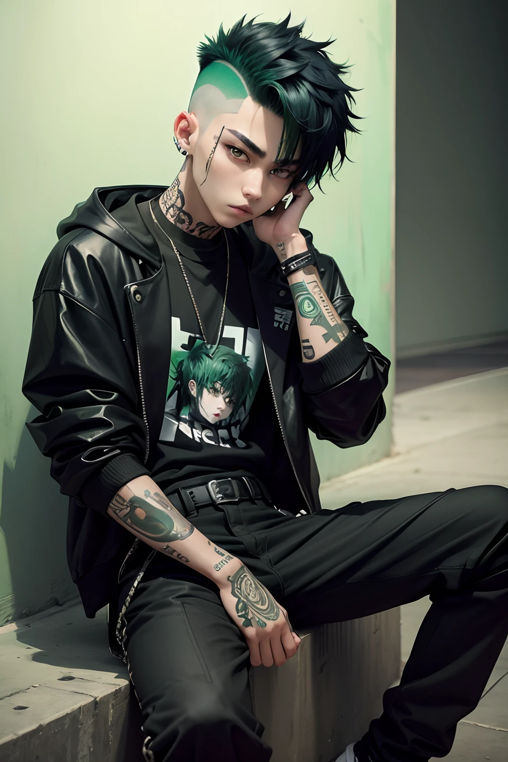 Kpop  boy with fade cut green hair, cute face, irresistible,sit pose, poser, serious face, full half body show, tattoos, wears cool black mixed green open jacket with long big sized shirt, long black pants with belt, paint background