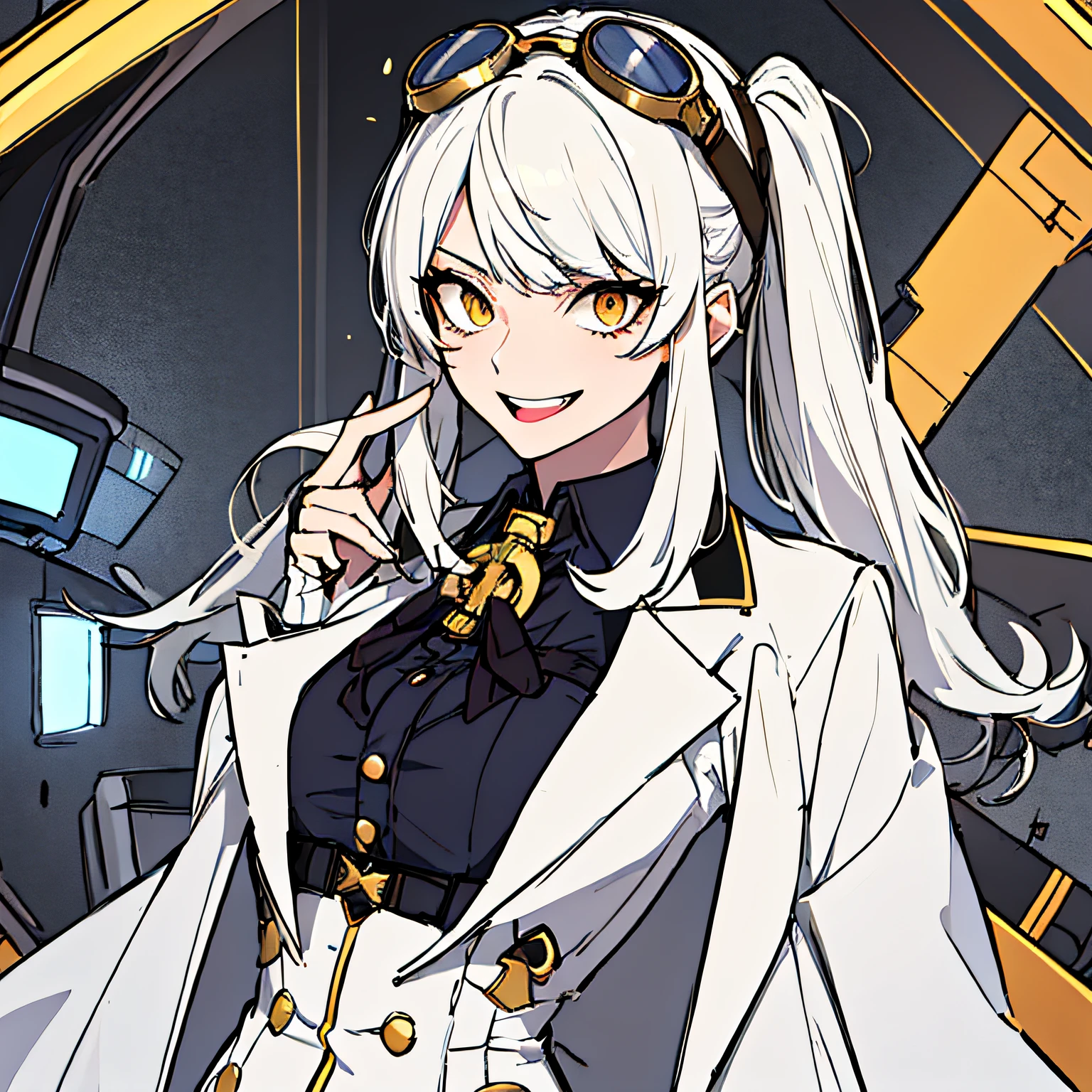 (absurdres, 8k, 4k, masterpiece, hyper extreme detailed:1.2), solo, 1girl, front view, perfect face, 1girl, portrait, expressive eyes, solo, standing, Female, girl with goggles and a chain around her neck, cyber goggles, victorian goggles, round goggles, goggles, cyberpunk monocle!, goggle eyes, steampunk googles, steampunk goggles, wearing victorian brass goggles, weak, female, small breasts, pale, cream colored hair, long hair, gold eyes, swept bangs, slim, slender, intelligent, genius, mad scientist, twin tails, Inventor, confident, perfect anatomy, futuristic, fingerless gloves, chest harness, pervert, half body, lab coat, belts, crazy face, crazy eyes, crazy smile, 1girl, futuristic, labcoat, white hair, mature, adult, attractive, skirt, hologram, monocle, wide smile, jovial, poofy twin tails, big hair, tesla coil, evil.