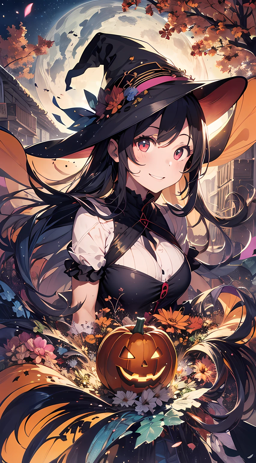 absurdres, highres, ultra detailed, (1girl:1.3) , Halloween witch, ((lovely smile)),wizard robes, wizard hat, Jack o'lantern, night, moon lighting,
BREAK, Halloween atmosphere,(half body image:1.5),
, kaleidoscopic imagery, symmetrical patterns, vibrant colors, geometric shapes, mesmerizing designs, optical illusions, dynamic composition
BREAK
, pantomime art, expressive body language, silent storytelling, evocative gestures, visual narratives, theatrical performances
BREAK
, blooming pumpkins, colorful petals, fragrant scents, nature's bounty, vibrant gardens, peaceful scenery,(wide angle:1.5)