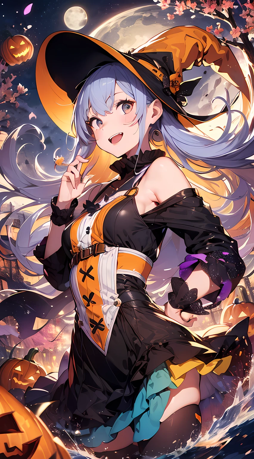 absurdres, highres, ultra detailed, (1girl:1.3) , Halloween witch, ((lovely smile)),wizard robes, wizard hat, Jack o'lantern, night, moon lighting,
BREAK, Halloween atmosphere,(half body image:1.5),
, kaleidoscopic imagery, symmetrical patterns, vibrant colors, geometric shapes, mesmerizing designs, optical illusions, dynamic composition
BREAK
, pantomime art, expressive body language, silent storytelling, evocative gestures, visual narratives, theatrical performances
BREAK
, blooming pumpkins, colorful petals, fragrant scents, nature's bounty, vibrant gardens, peaceful scenery,(wide angle:1.5)