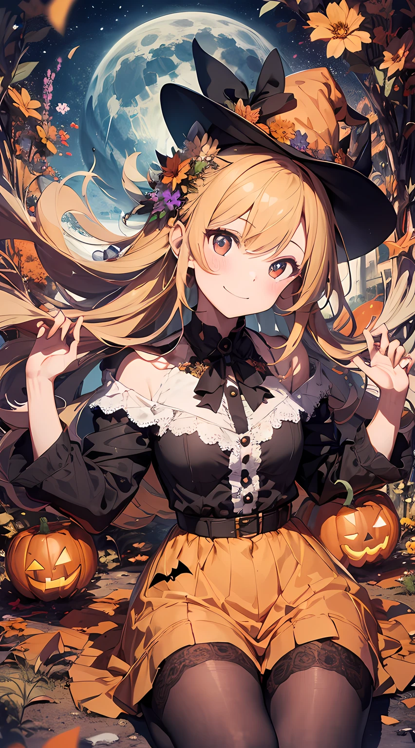 absurdres, highres, ultra detailed, (1girl:1.3) , Halloween witch, ((lovely smile)),wizard robes, wizard hat, Jack o'lantern, night, moon lighting,
BREAK, Halloween atmosphere,(half body image:1.5),
 , kaleidoscopic imagery, symmetrical patterns, vibrant colors, geometric shapes, mesmerizing designs, optical illusions, dynamic composition
BREAK
, pantomime art, expressive body language, silent storytelling, evocative gestures, visual narratives, theatrical performances
BREAK
, blooming pumpkins, colorful petals, fragrant scents, nature's bounty, vibrant gardens, peaceful scenery,(wide angle:1.5)