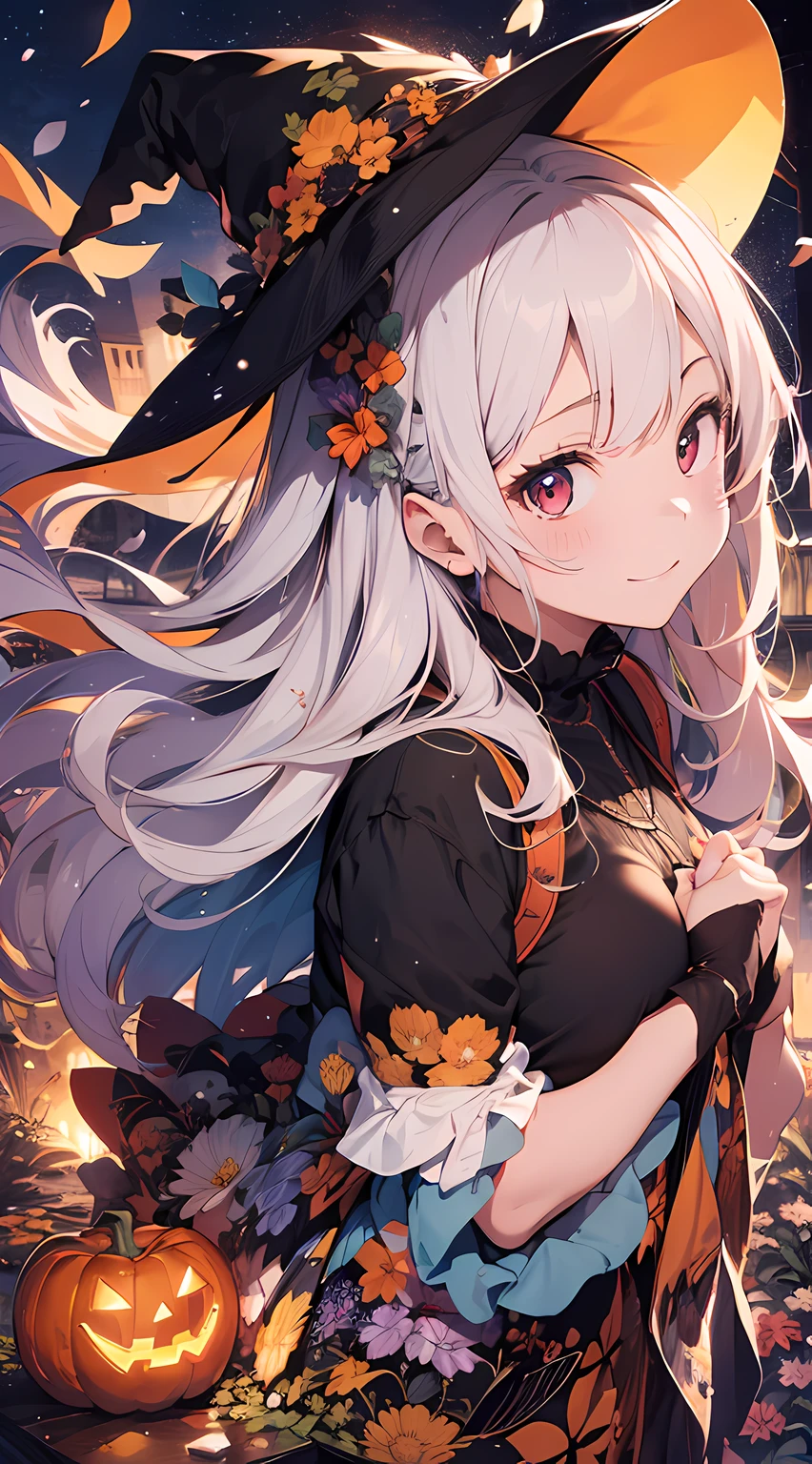 absurdres, highres, ultra detailed, (1girl:1.3) , Halloween witch, ((lovely smile)),wizard robes, wizard hat, Jack o'lantern, night, moon lighting,
BREAK, Halloween atmosphere,(half body image:1.5),
 , kaleidoscopic imagery, symmetrical patterns, vibrant colors, geometric shapes, mesmerizing designs, optical illusions, dynamic composition
BREAK
, pantomime art, expressive body language, silent storytelling, evocative gestures, visual narratives, theatrical performances
BREAK
, blooming pumpkins, colorful petals, fragrant scents, nature's bounty, vibrant gardens, peaceful scenery,(wide angle:1.5)