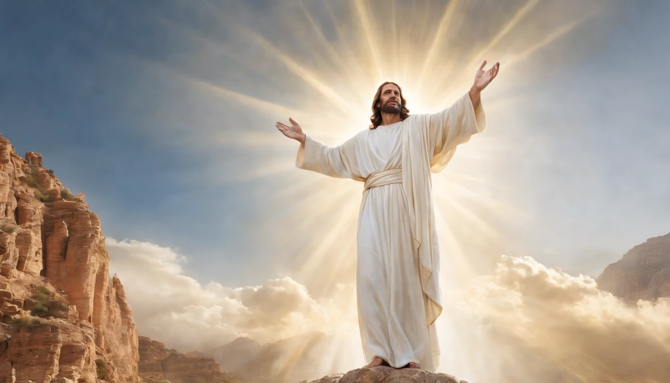 Utilizando fotorrealismo hiper-realista, render an epic scene of Jesus Christ hovering majestically in the sky with arms completely open in a redemptive gesture. Jesus tem longos cabelos castanhos ondulados e barba arrumada. His blue eyes are serene and full of kindness. He wears a white tunic with gold accents that flutters dramatically in the wind, revealing his bare feet. There is a pulsating glowing golden aura surrounding Jesus' entire body. Abaixo dele existe uma paisagem photorealistica das Montanhas Rochosas, com um pequeno vilarejo entre os picos cobertos de neve. The vibrantly blue sky is dotted with white clouds and rays of sunshine seem to emanate from the outstretched hands of Jesus. Every detail of the scene is rendered with the highest level of realism, from every hair and nail of Jesus' garment to every stone, tree and village house in the mountains below. The image conveys an epic and divine feeling.
