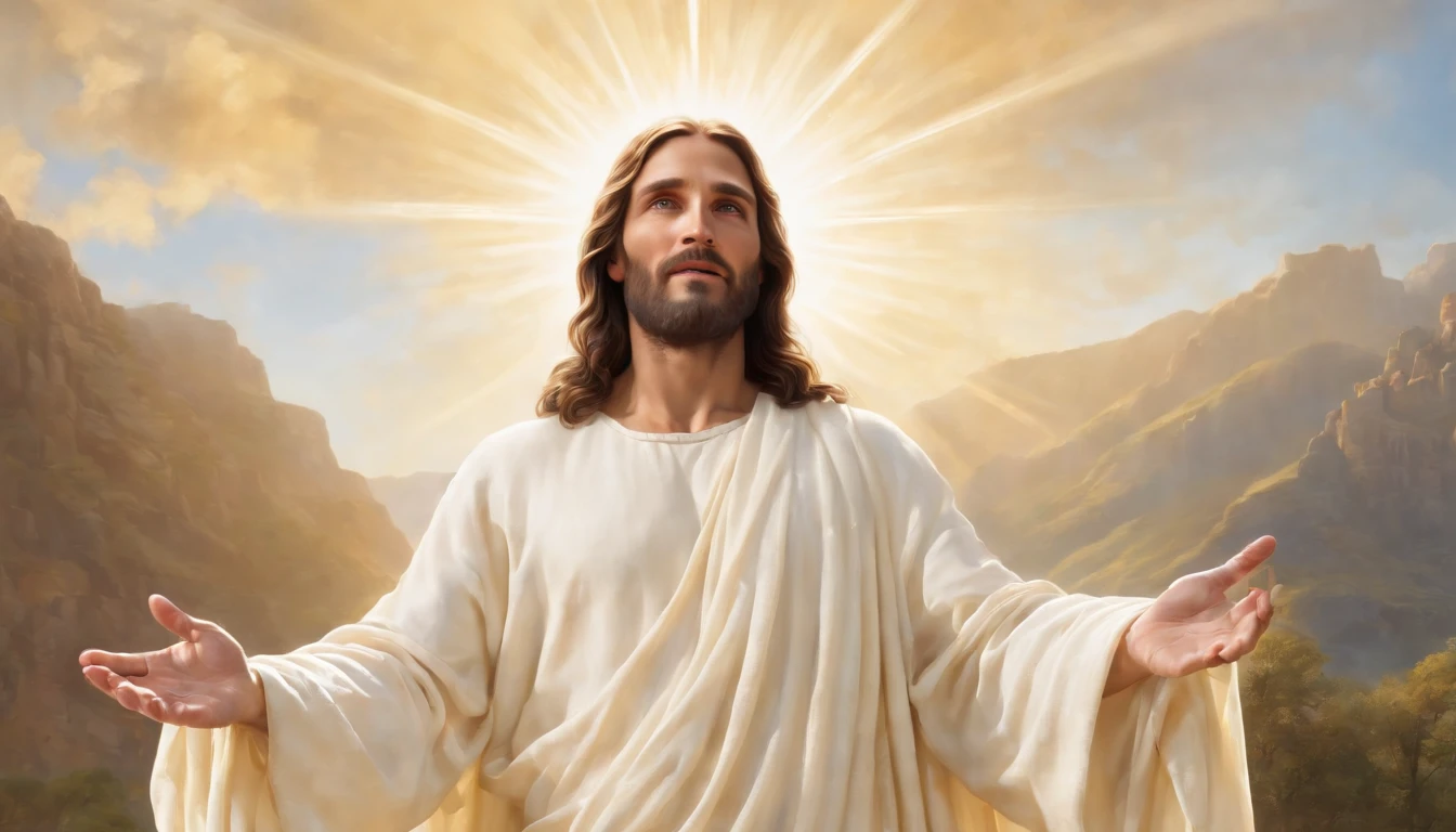Utilizando fotorrealismo hiper-realista, render an epic scene of Jesus Christ hovering majestically in the sky with arms completely open in a redemptive gesture. Jesus tem longos cabelos castanhos ondulados e barba arrumada. His blue eyes are serene and full of kindness. He wears a white tunic with gold accents that flutters dramatically in the wind, revealing his bare feet. There is a pulsating glowing golden aura surrounding Jesus' entire body. Abaixo dele existe uma paisagem photorealistica das Montanhas Rochosas, com um pequeno vilarejo entre os picos cobertos de neve. The vibrantly blue sky is dotted with white clouds and rays of sunshine seem to emanate from the outstretched hands of Jesus. Every detail of the scene is rendered with the highest level of realism, from every hair and nail of Jesus' garment to every stone, tree and village house in the mountains below. The image conveys an epic and divine feeling.