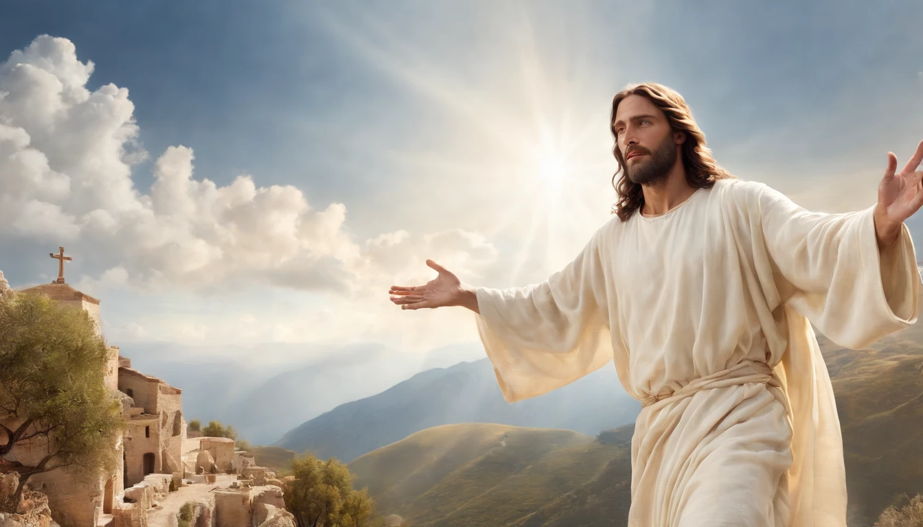 Utilizando fotorrealismo hiper-realista, render an epic scene of Jesus Christ hovering majestically in the sky with arms completely open in a redemptive gesture. Jesus tem longos cabelos castanhos ondulados e barba arrumada. His blue eyes are serene and full of kindness. He wears a white tunic with gold accents that flutters dramatically in the wind, revealing his bare feet. There is a pulsating glowing golden aura surrounding Jesus' entire body. Abaixo dele existe uma paisagem photorealistica das Montanhas Rochosas, com um pequeno vilarejo entre os picos cobertos de neve. The vibrantly blue sky is dotted with white clouds and rays of sunshine seem to emanate from the outstretched hands of Jesus. Every detail of the scene is rendered with the highest level of realism, from every hair and nail of Jesus' garment to every stone, tree and village house in the mountains below. The image conveys an epic and divine feeling.