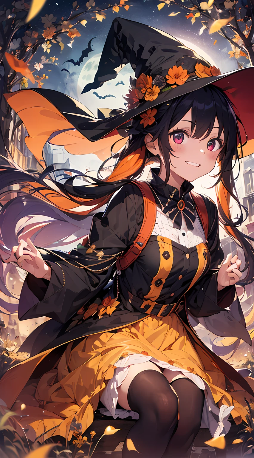 absurdres, highres, ultra detailed, (1girl:1.3) , Halloween witch, ((lovely smile)),wizard robes, wizard hat, Jack o'lantern, night, moon lighting,
BREAK, Halloween atmosphere,(half body image:1.5),
 , kaleidoscopic imagery, symmetrical patterns, vibrant colors, geometric shapes, mesmerizing designs, optical illusions, dynamic composition
BREAK
, pantomime art, expressive body language, silent storytelling, evocative gestures, visual narratives, theatrical performances
BREAK
, blooming pumpkins, colorful petals, fragrant scents, nature's bounty, vibrant gardens, peaceful scenery,(wide angle:1.5)