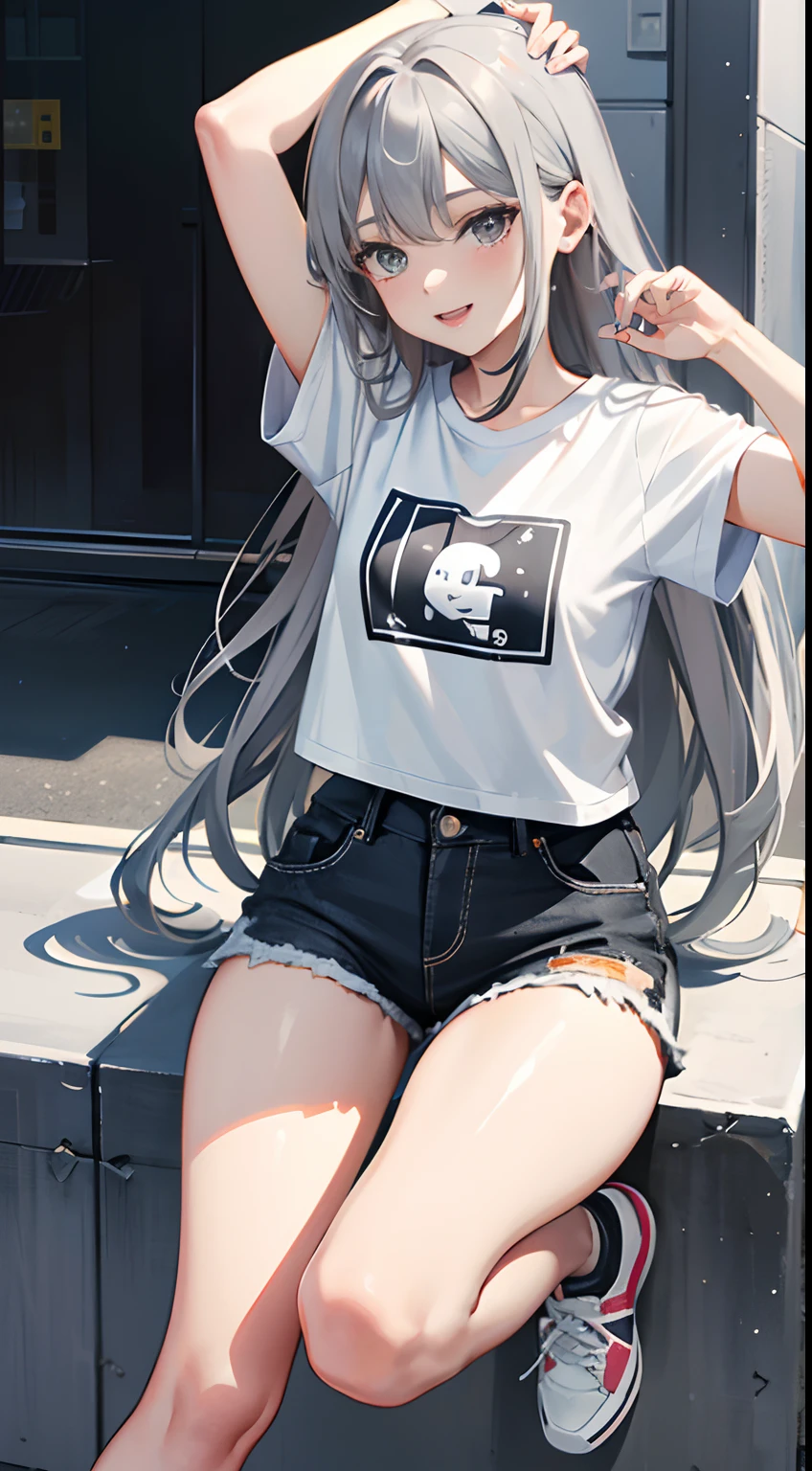 Bullish,Sunny and cheerful,extrovert,vivaciousness,Long gray hair,Bangs are three or seven points,Wear a gray t-shirt,Black shorts,Bare legged,Gray sneakers,quadratic element,s girl