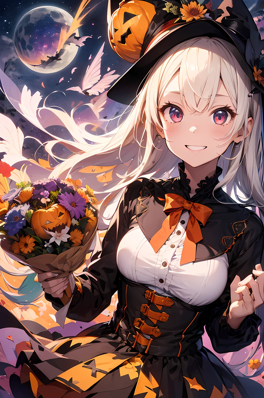 absurdres, highres, ultra detailed, (1girl:1.3) , Halloween witch, ((lovely smile)),wizard robes, wizard hat, Jack o'lantern, night, moon lighting,
BREAK, Halloween atmosphere,(half body image:1.5),
 , kaleidoscopic imagery, symmetrical patterns, vibrant colors, geometric shapes, mesmerizing designs, optical illusions, dynamic composition
BREAK
, pantomime art, expressive body language, silent storytelling, evocative gestures, visual narratives, theatrical performances
BREAK
, blooming pumpkins, colorful petals, fragrant scents, nature's bounty, vibrant gardens, peaceful scenery,(wide angle:1.5)