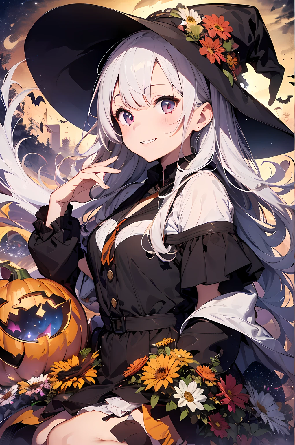 absurdres, highres, ultra detailed, (1girl:1.3) , Halloween witch, ((lovely smile)),wizard robes, wizard hat, Jack o'lantern, night, moon lighting,
BREAK, Halloween atmosphere,(half body image:1.5),
, kaleidoscopic imagery, symmetrical patterns, vibrant colors, geometric shapes, mesmerizing designs, optical illusions, dynamic composition
BREAK
, pantomime art, expressive body language, silent storytelling, evocative gestures, visual narratives, theatrical performances
BREAK
, blooming pumpkins, colorful petals, fragrant scents, nature's bounty, vibrant gardens, peaceful scenery,(wide angle:1.5)
