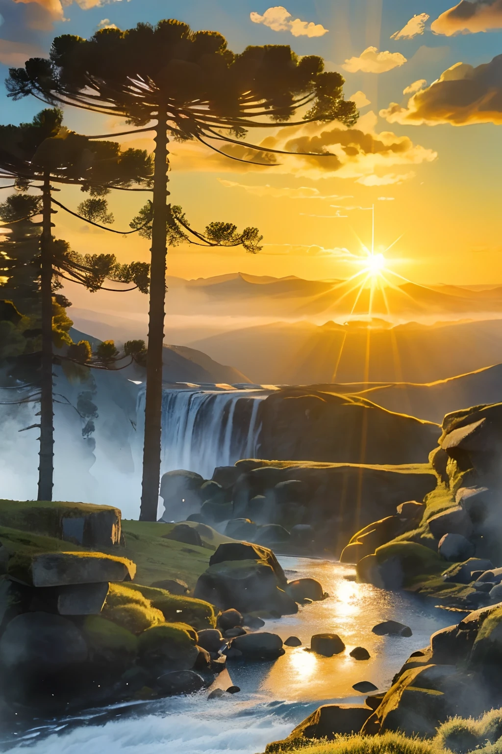 (best quality), masterpiece,illustration.,8k_raw,highres, (araucaria:1.2),mountain,waterfall,pike,  landscape, cloud,(sun),