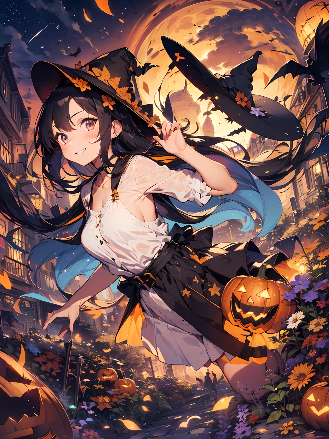 absurdres, highres, ultra detailed, (1girl:1.3) , Halloween witch, ((lovely smile)),wizard robes, wizard hat, Jack o'lantern, night, moon lighting,
BREAK, Halloween atmosphere,(half body image:1.5),
, kaleidoscopic imagery, symmetrical patterns, vibrant colors, geometric shapes, mesmerizing designs, optical illusions, dynamic composition
BREAK
, pantomime art, expressive body language, silent storytelling, evocative gestures, visual narratives, theatrical performances
BREAK
, blooming pumpkins, colorful petals, fragrant scents, nature's bounty, vibrant gardens, peaceful scenery,(wide angle:1.5)